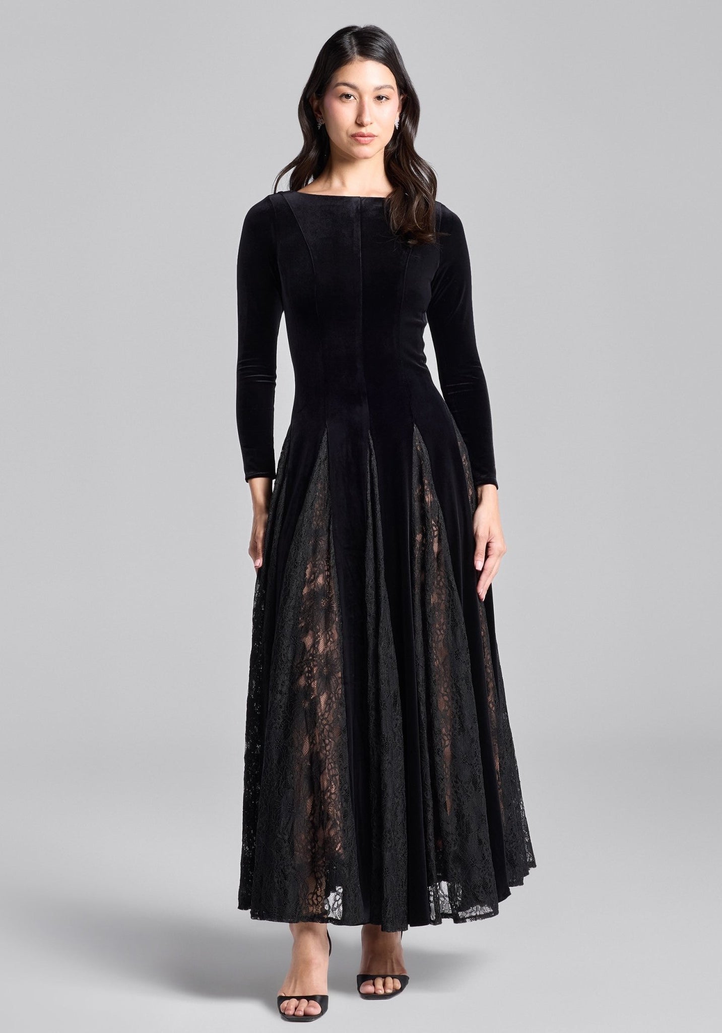Black Velvet Maxi Dress with Lace Godets - shopaleena