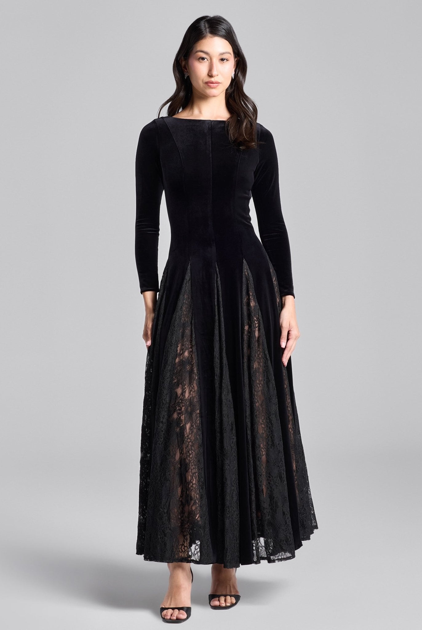 Black Velvet Maxi Dress with Lace Godets - shopaleena