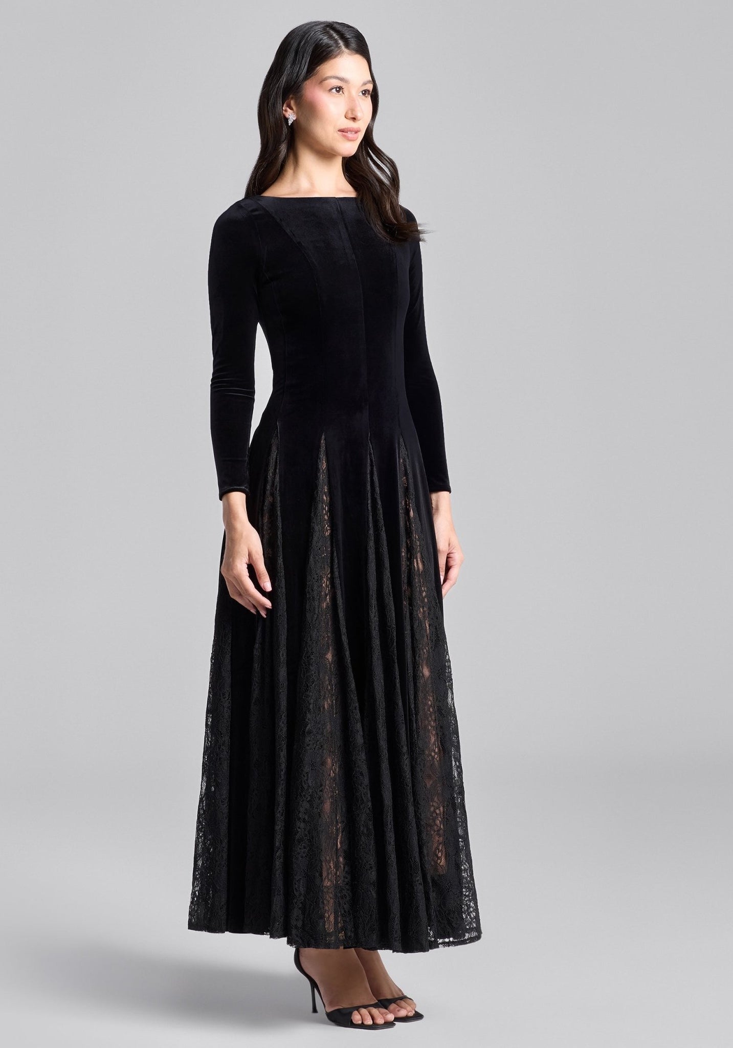Black Velvet Maxi Dress with Lace Godets - shopaleena
