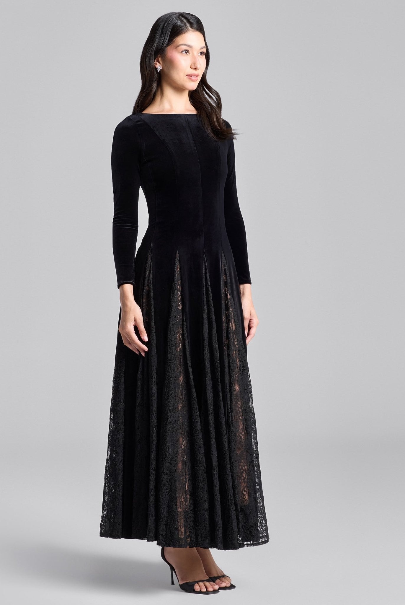 Black Velvet Maxi Dress with Lace Godets - shopaleena