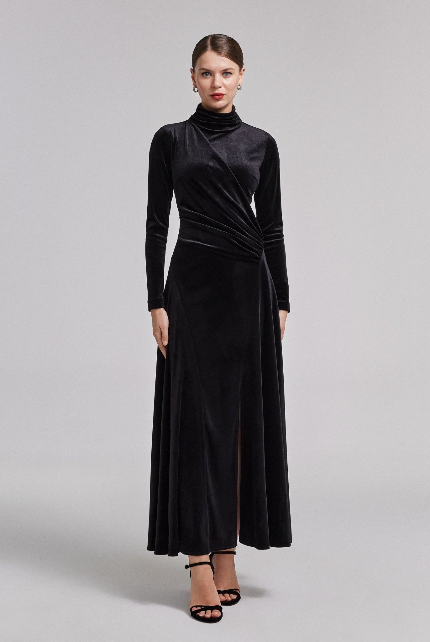 Black Velvet Mock Neck Maxi Dress - shopaleena