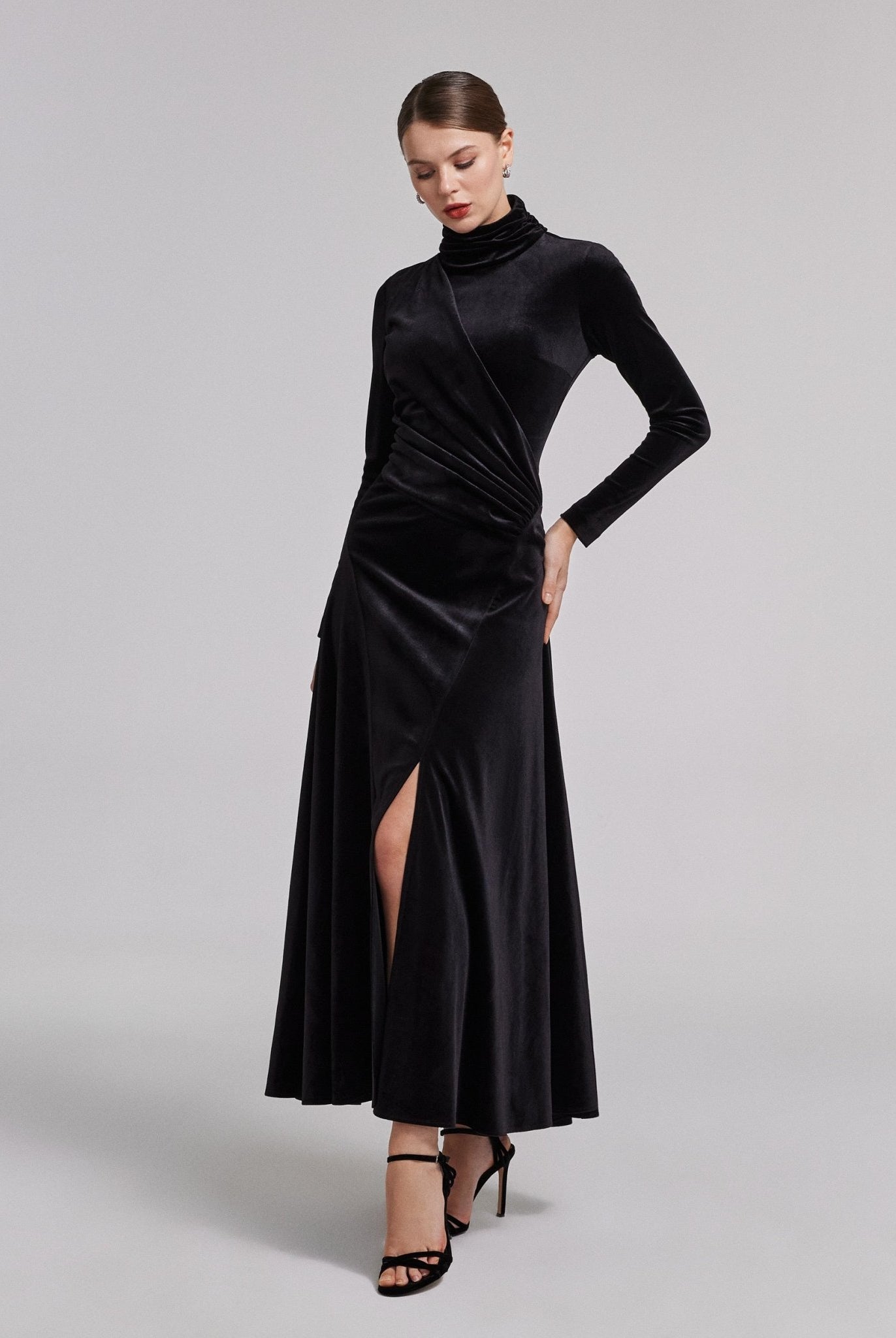 Black Velvet Mock Neck Maxi Dress - shopaleena