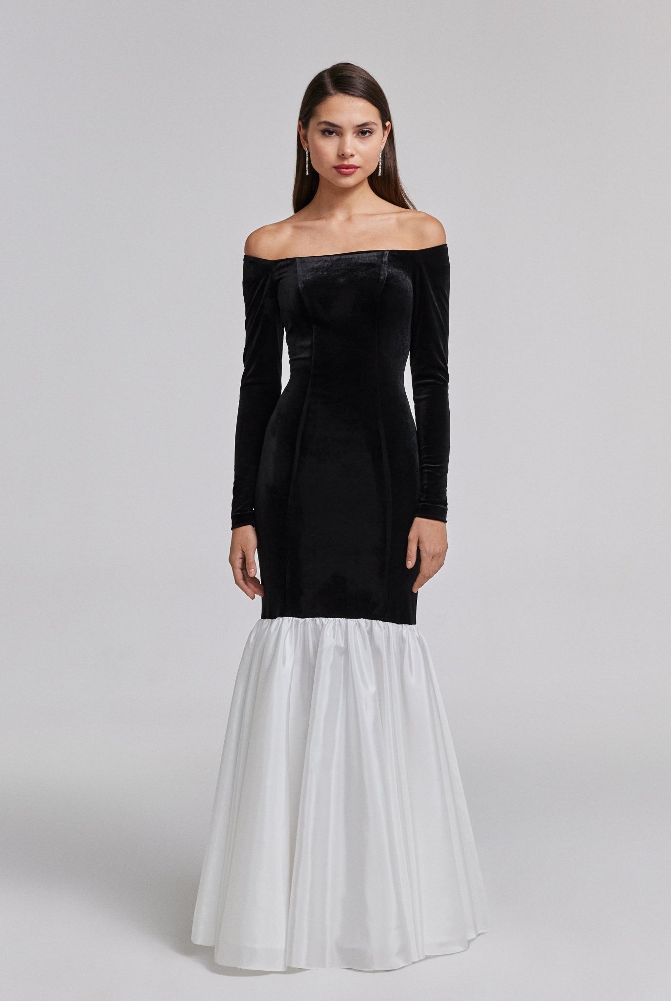 Black Velvet Off Shoulder Maxi Dress with White Ruffles - shopaleena