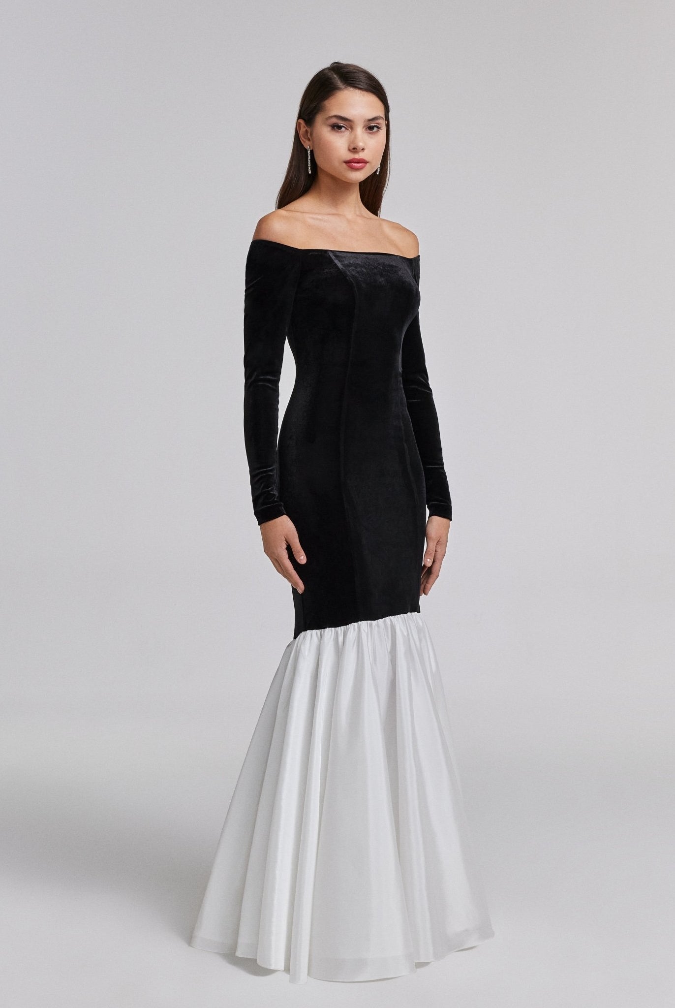 Black Velvet Off Shoulder Maxi Dress with White Ruffles - shopaleena