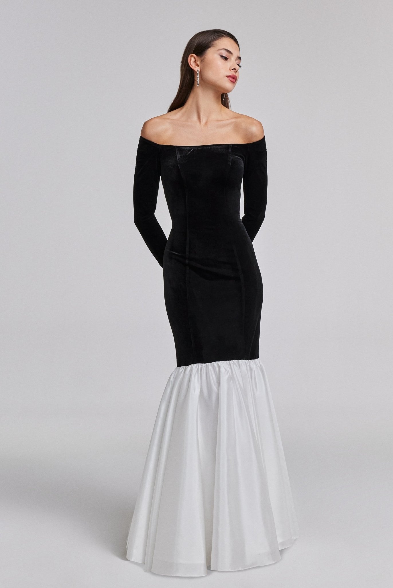 Black Velvet Off Shoulder Maxi Dress with White Ruffles - shopaleena