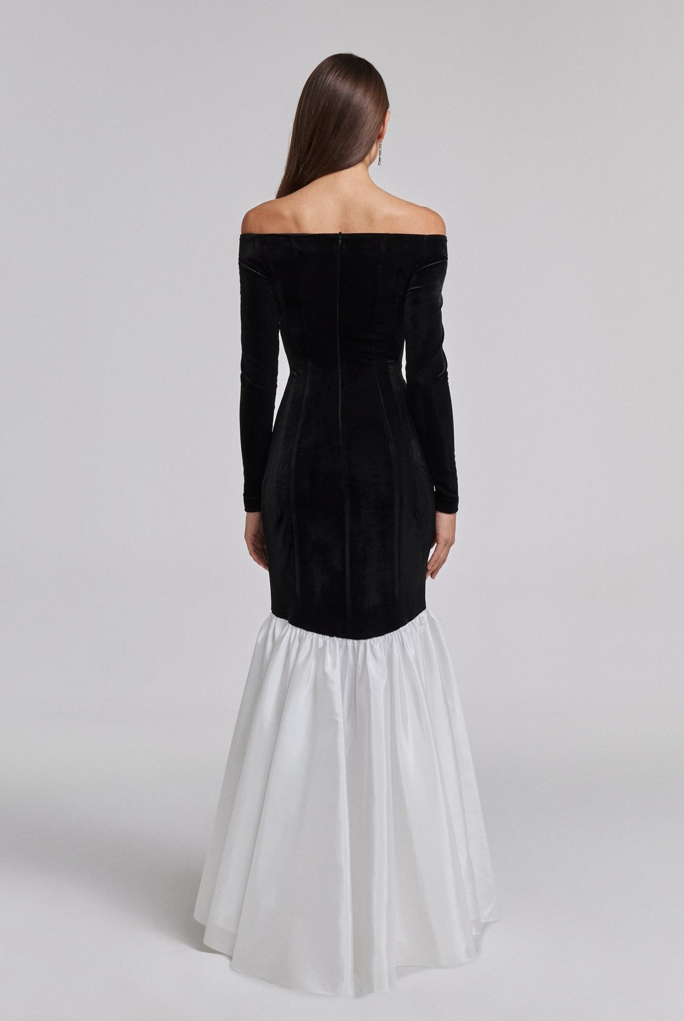 Black Velvet Off Shoulder Maxi Dress with White Ruffles - shopaleena