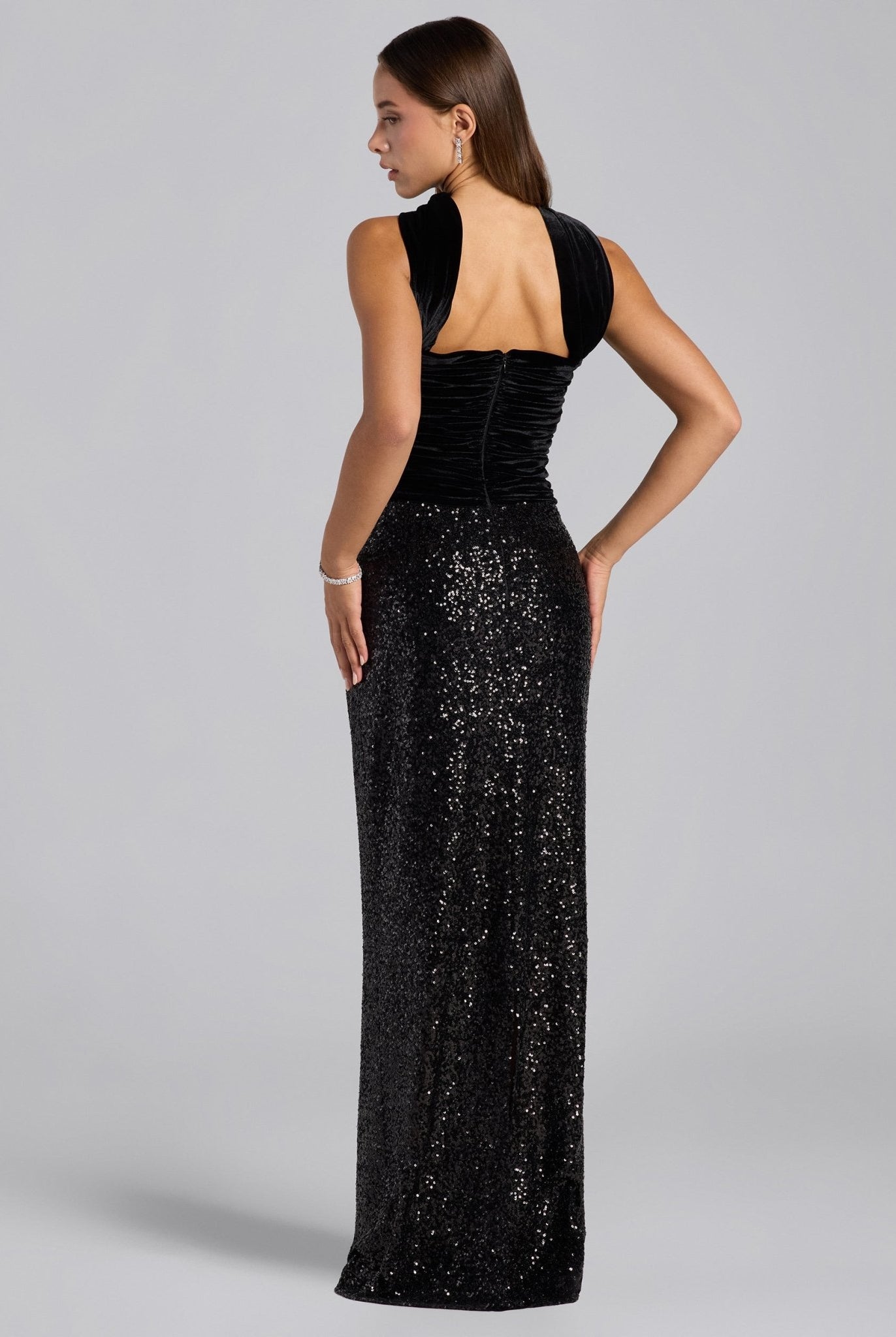 Black Velvet & Sequin Strapless Maxi Dress - shopaleena