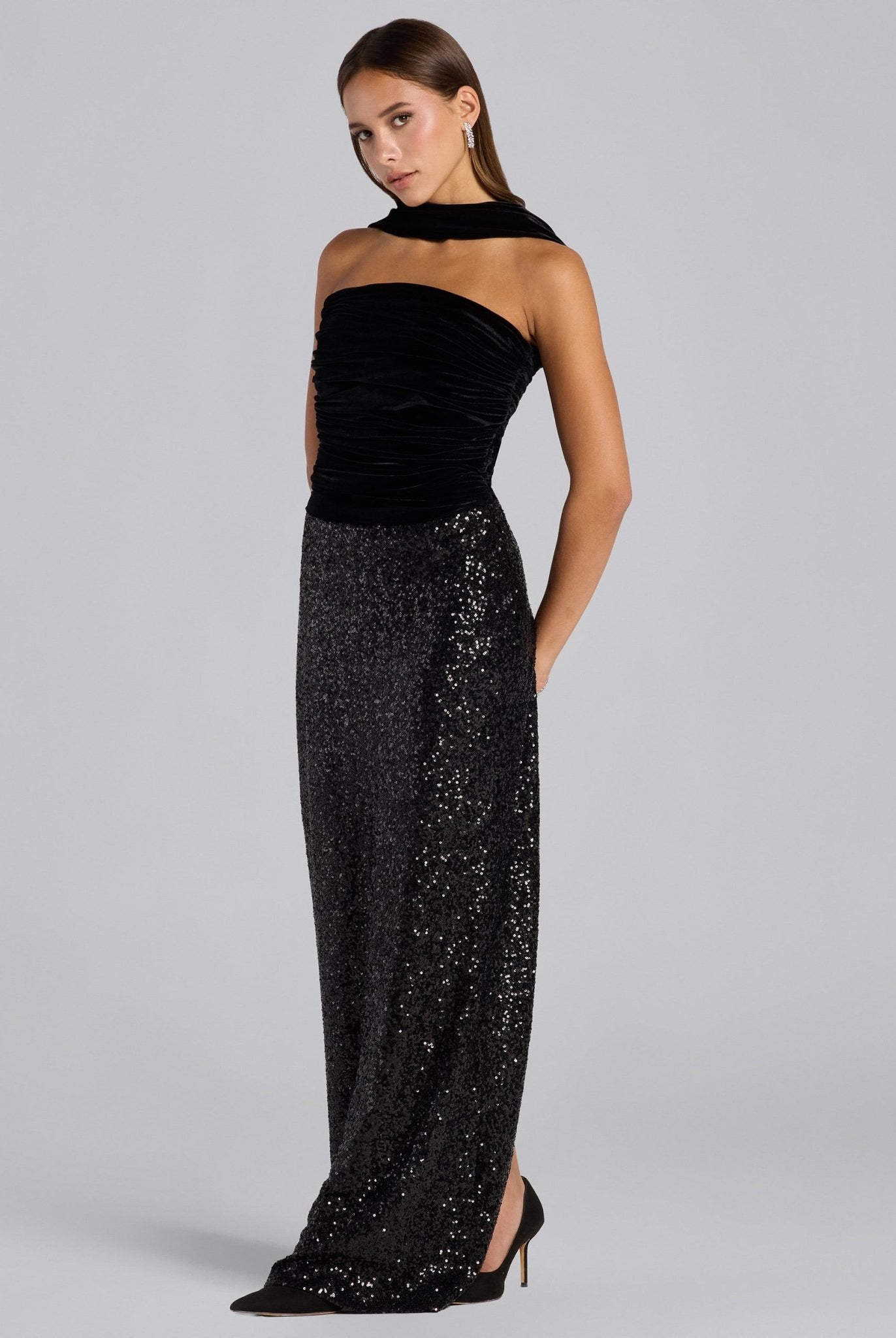 Black Velvet & Sequin Strapless Maxi Dress - shopaleena