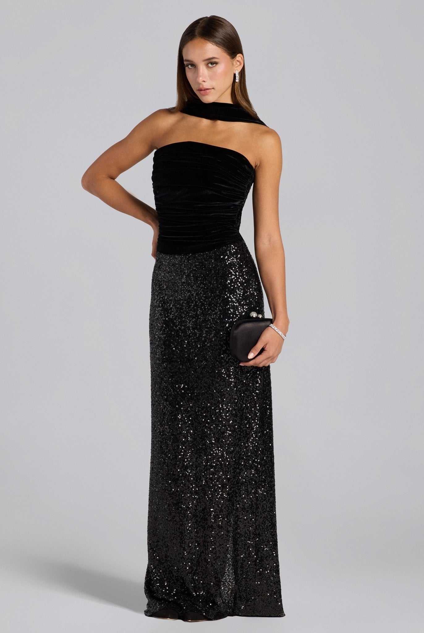 Black Velvet & Sequin Strapless Maxi Dress - shopaleena