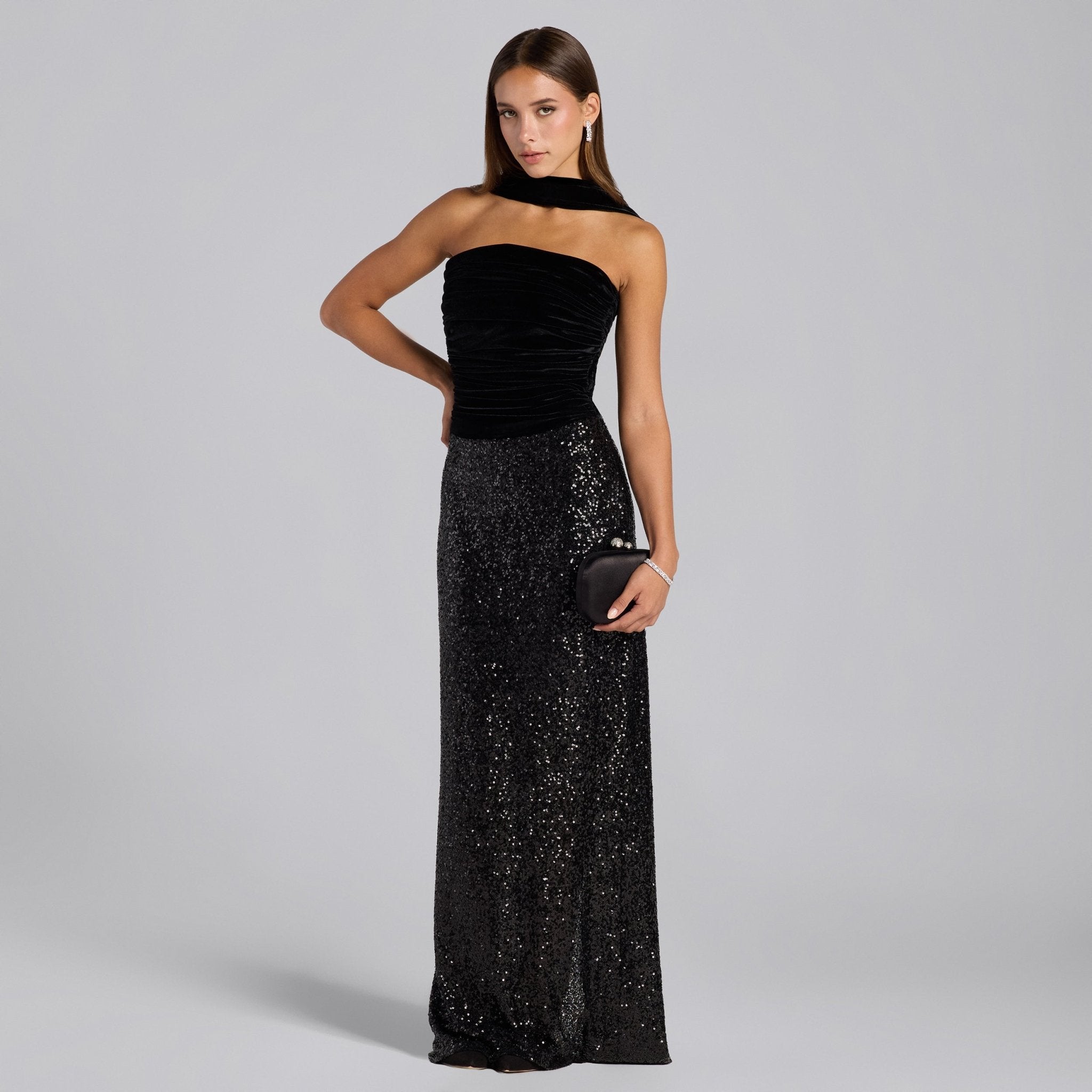 Black Velvet & Sequin Strapless Maxi Dress - shopaleena