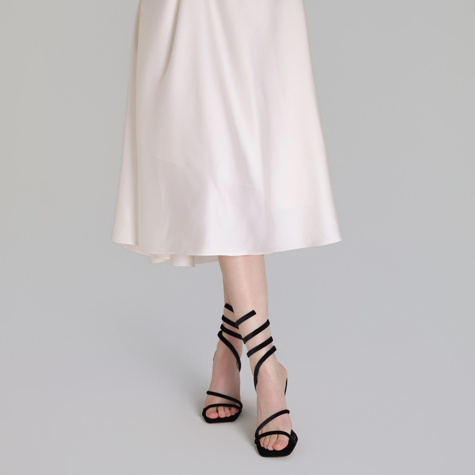 Black Velvet Spiral Strap High Heel Sandals - shopaleena