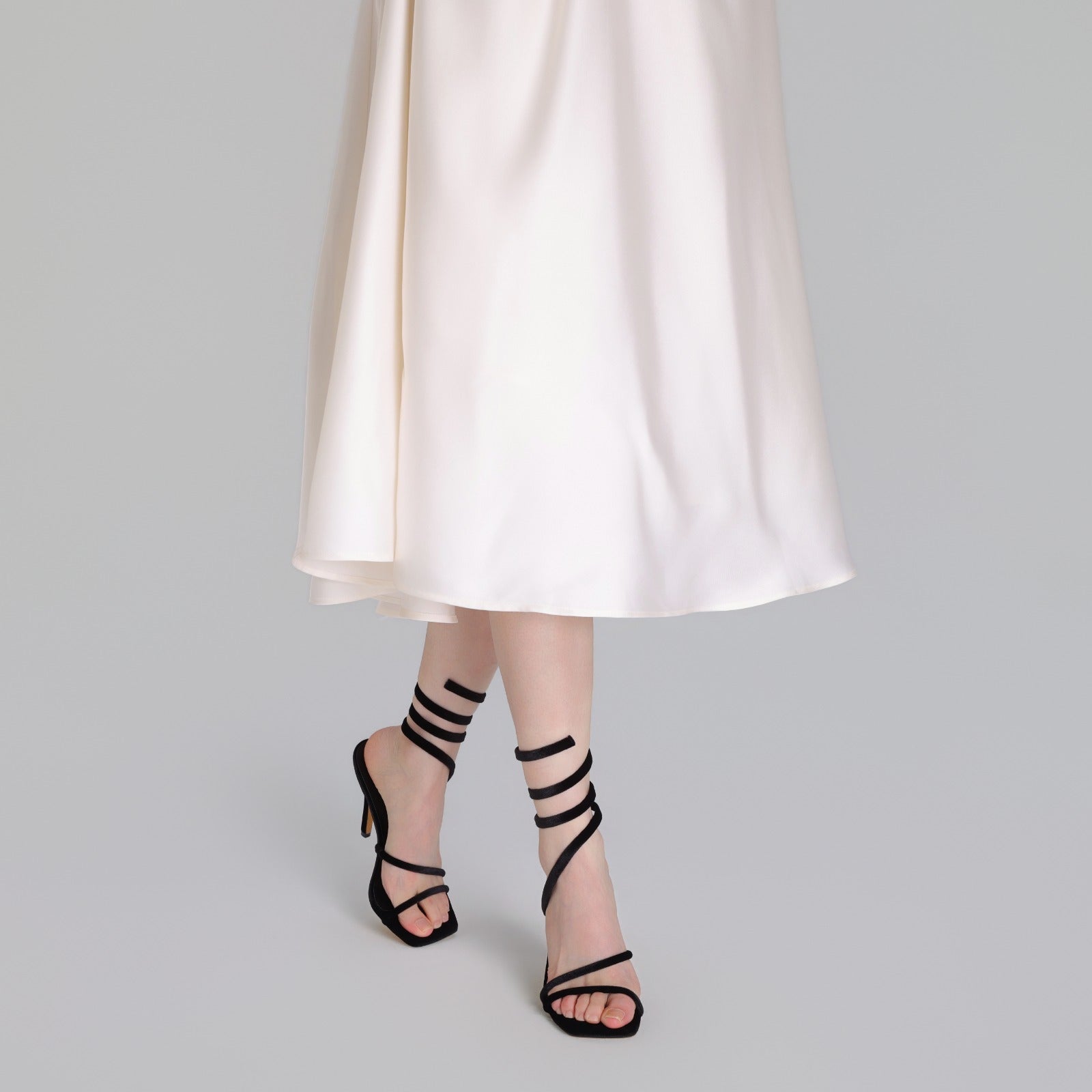 Black Velvet Spiral Strap High Heel Sandals - shopaleena