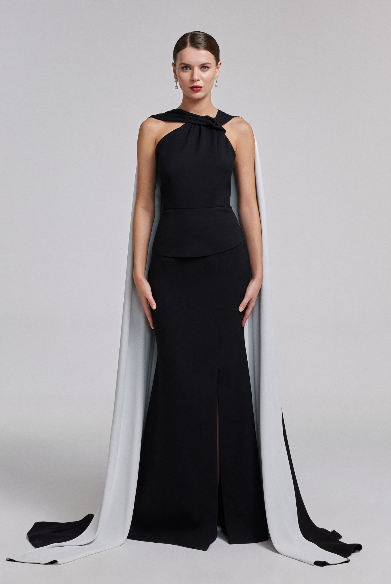 Black & White Cape High - Slit Gown - shopaleena