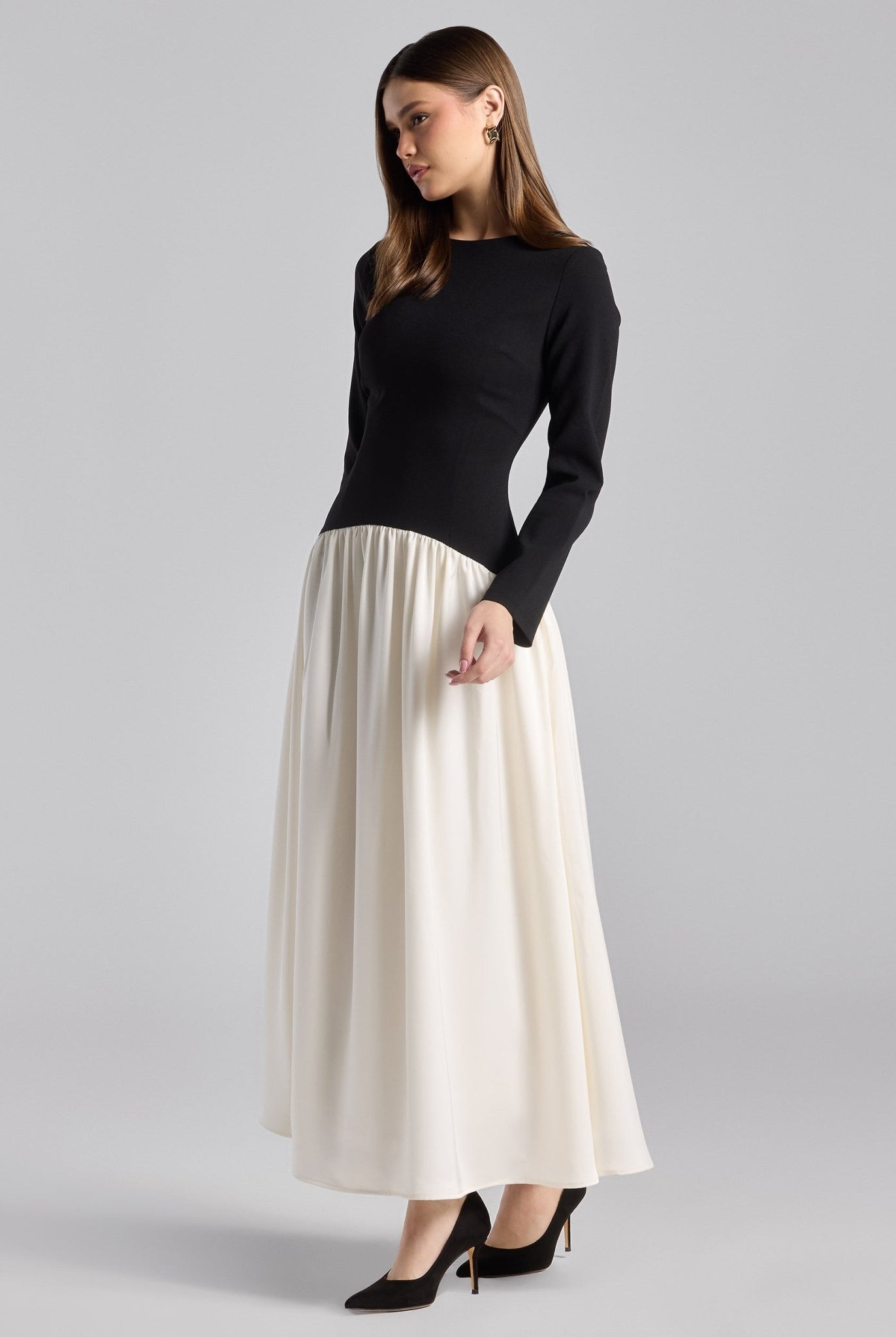 Black & White Crepe and Satin Flared Skirt Midi Dress - shopaleena