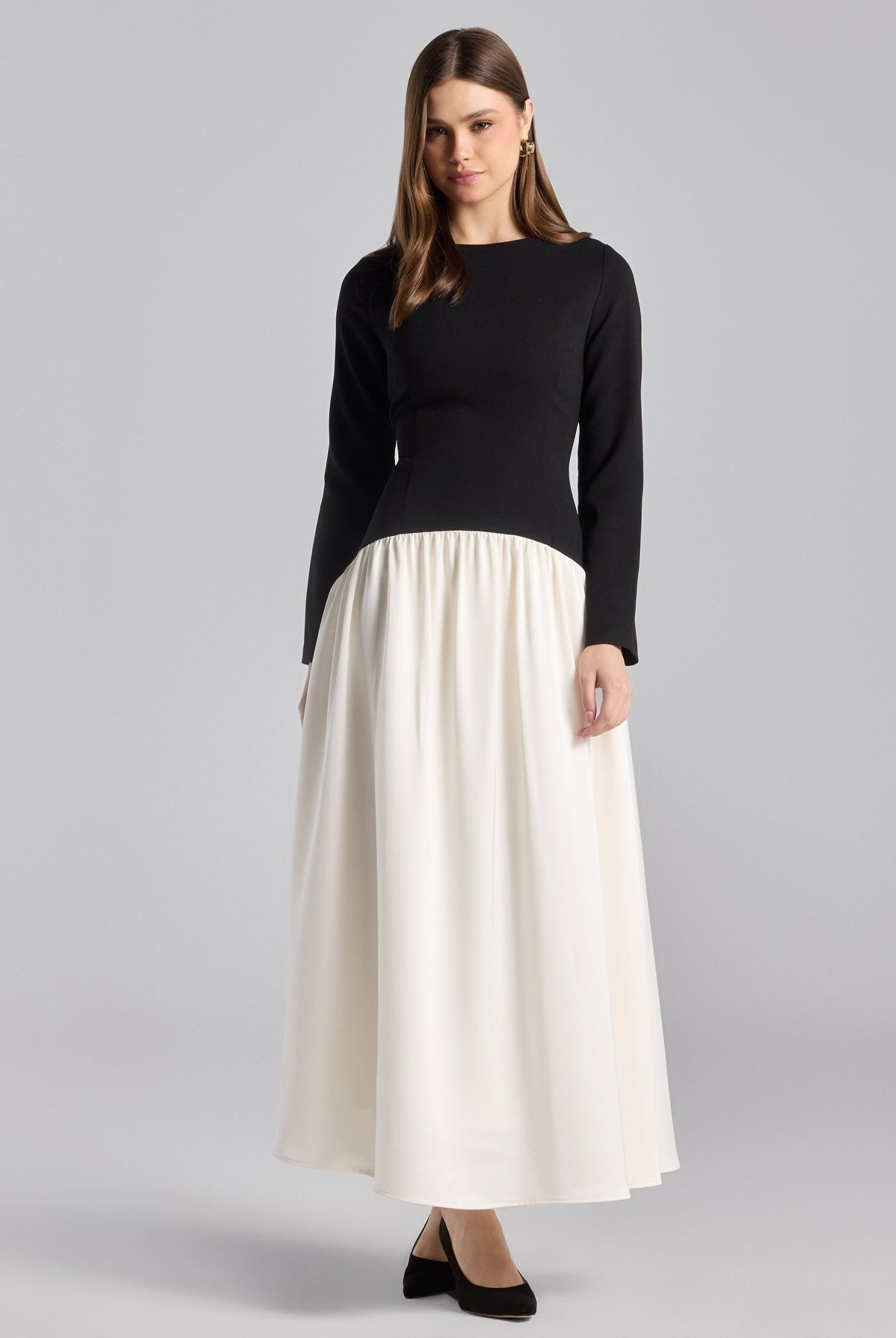 Black & White Crepe and Satin Flared Skirt Midi Dress - shopaleena