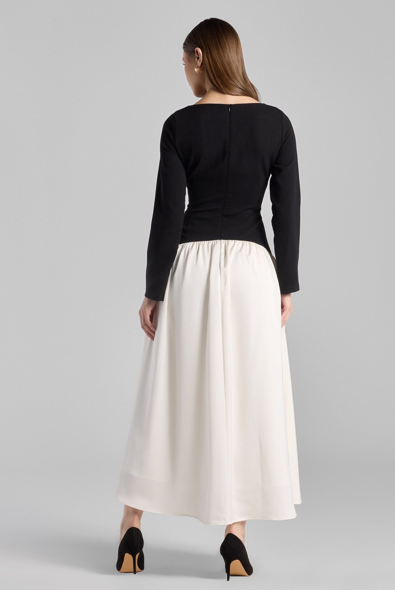 Black & White Crepe and Satin Flared Skirt Midi Dress - shopaleena