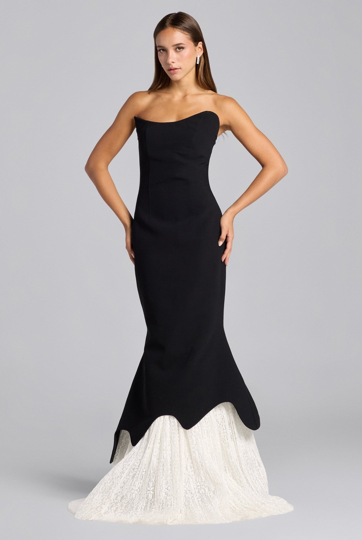Black & White Crepe - Lace Mermaid Gown - shopaleena