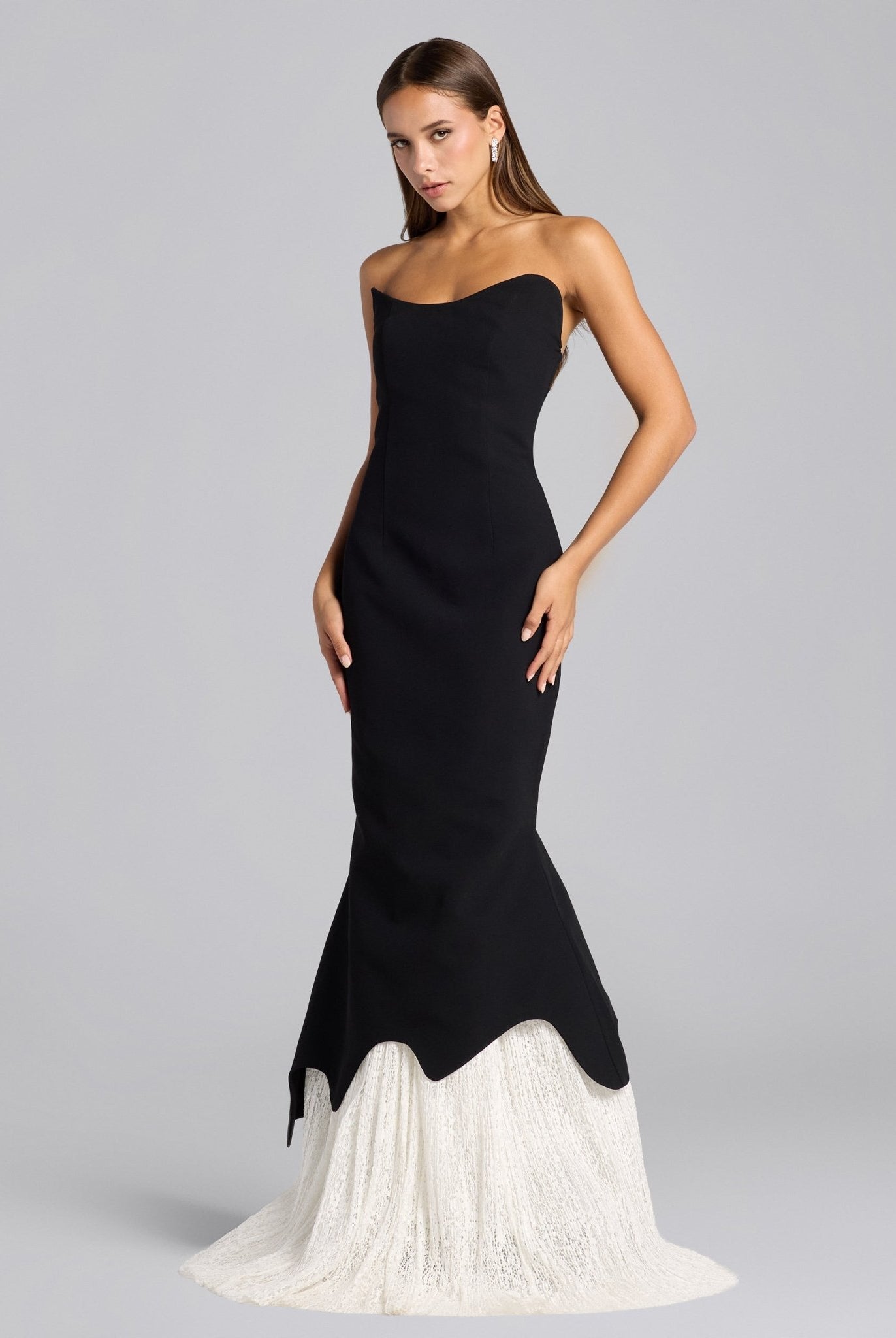 Black & White Crepe - Lace Mermaid Gown - shopaleena