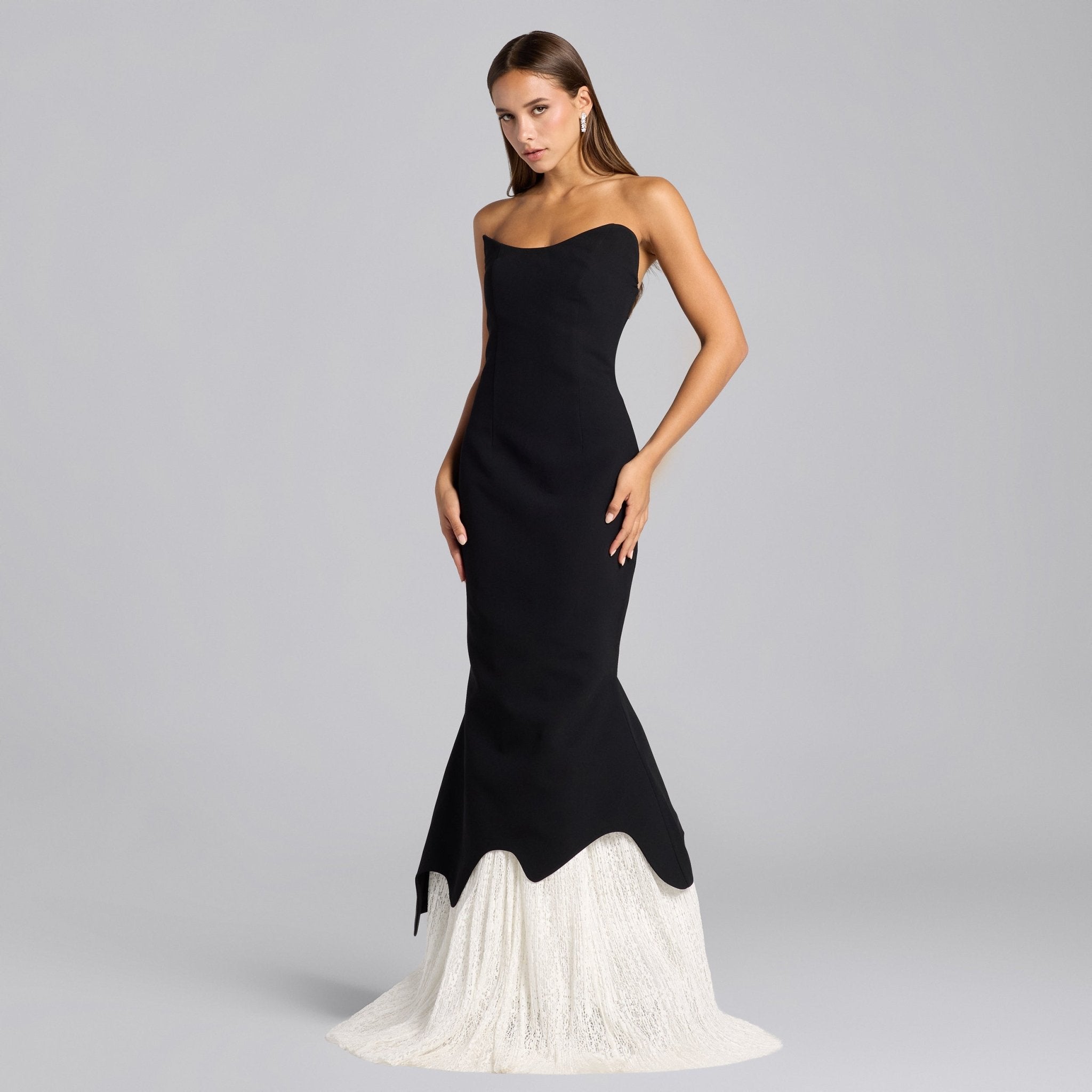 Black & White Crepe - Lace Mermaid Gown - shopaleena