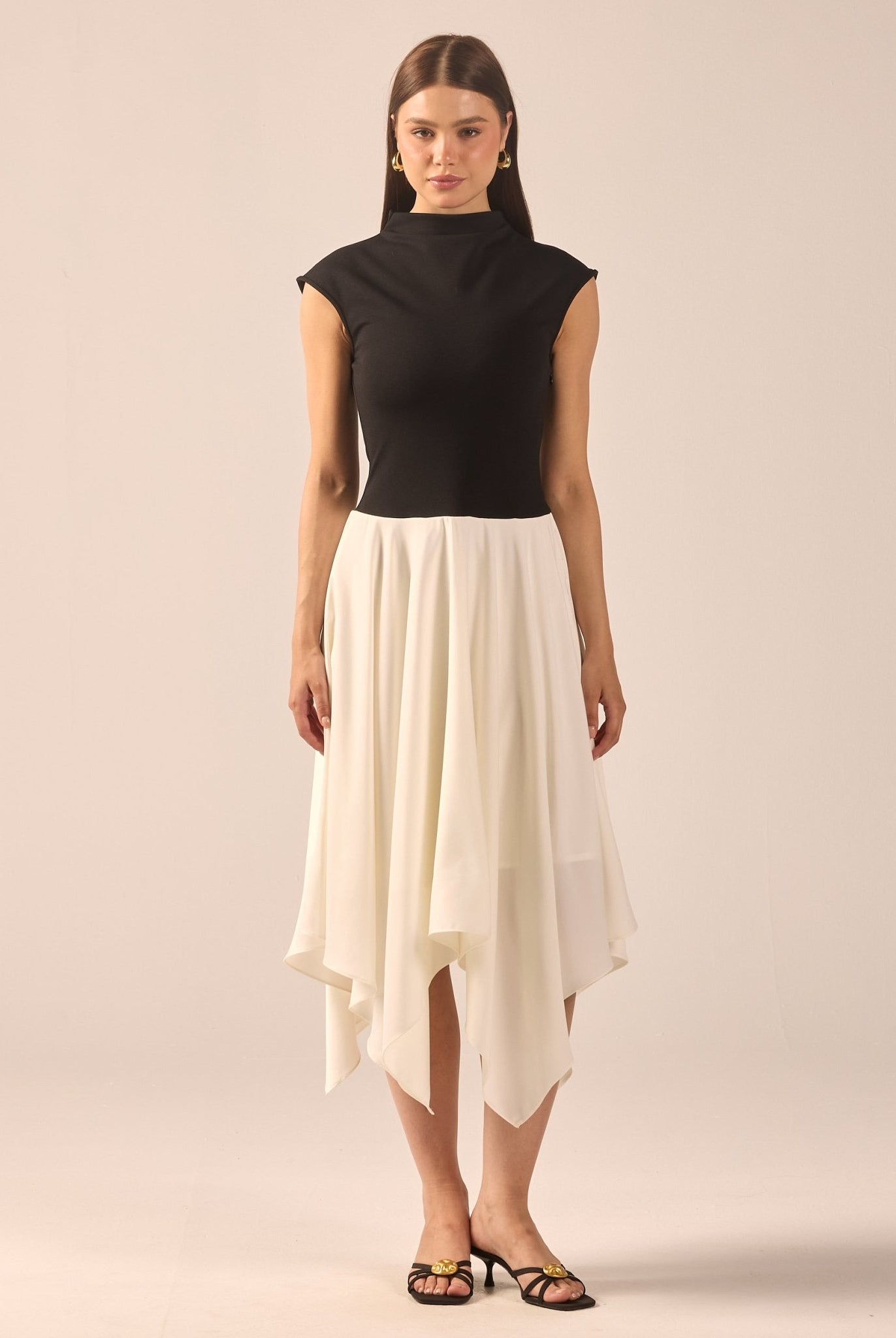 Black & White Crepe-Satin Midi Dress - shopaleena