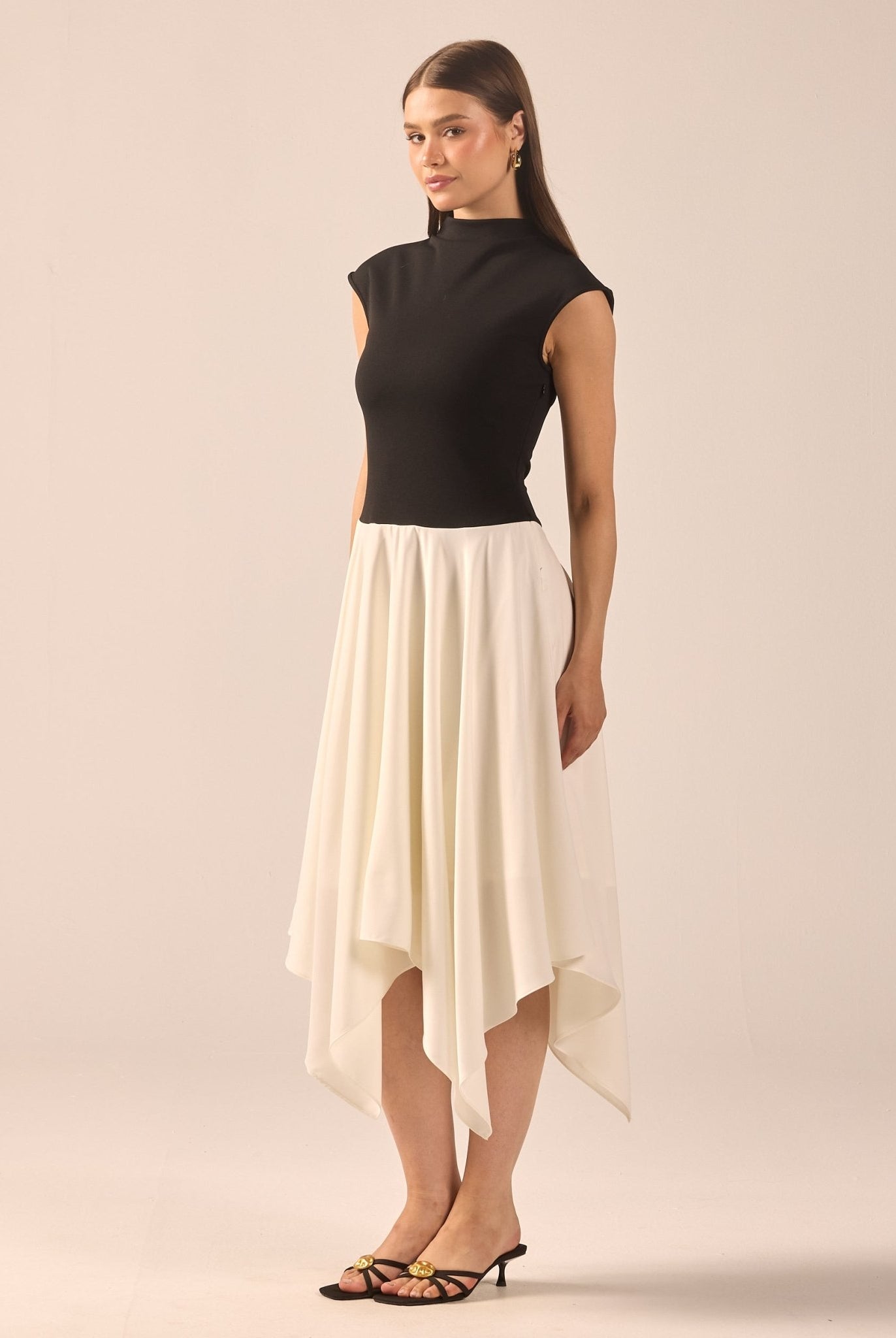 Black & White Crepe-Satin Midi Dress - shopaleena