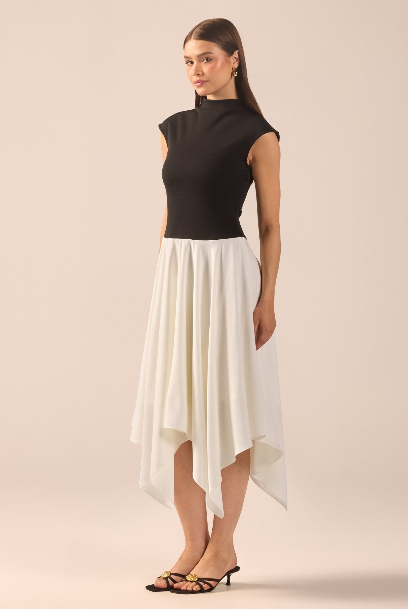 Black & White Crepe-Satin Midi Dress - shopaleena