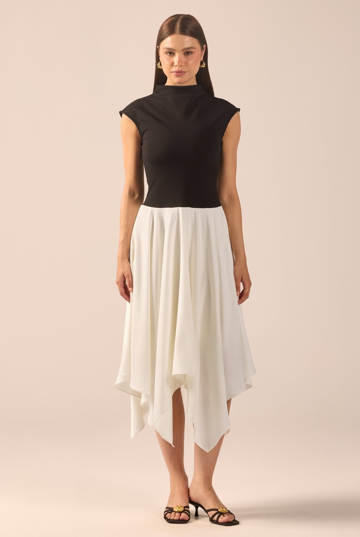 Black & White Crepe-Satin Midi Dress - shopaleena