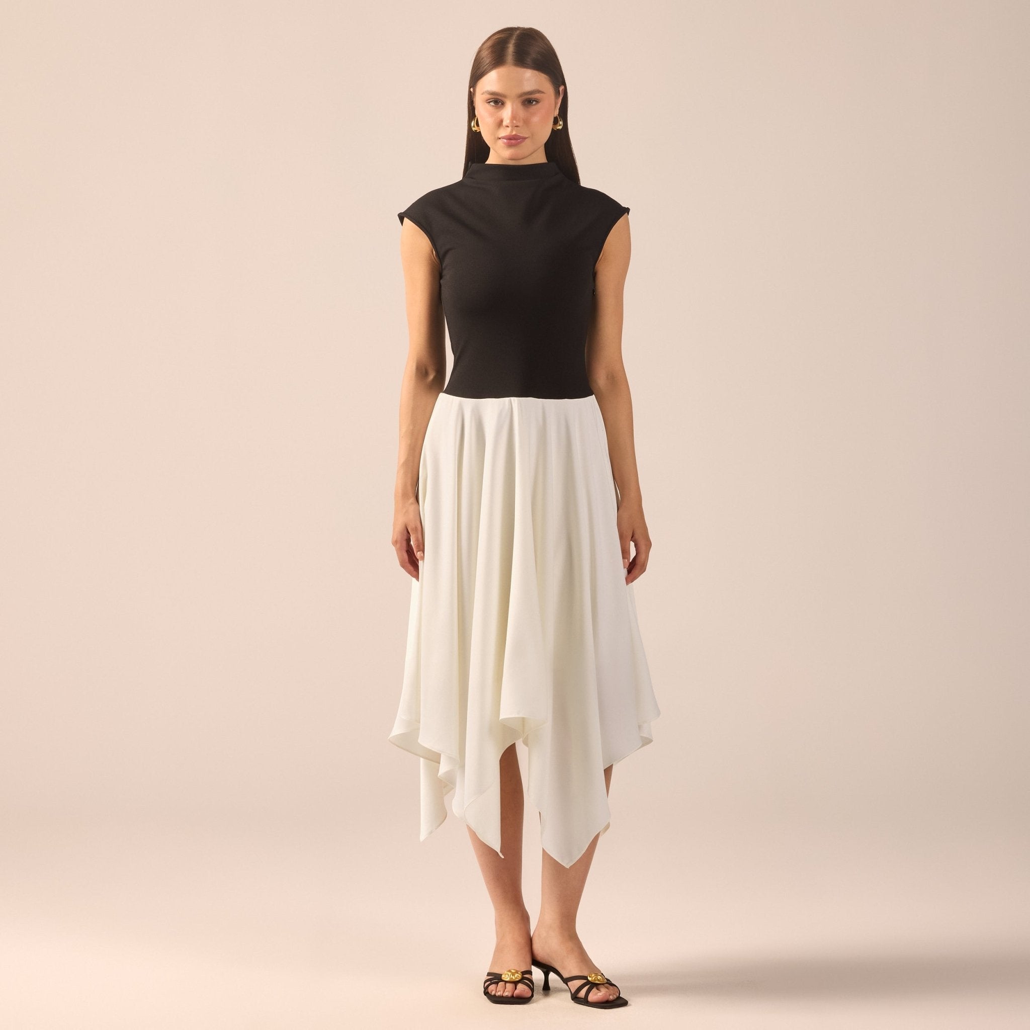 Black & White Crepe-Satin Midi Dress - shopaleena