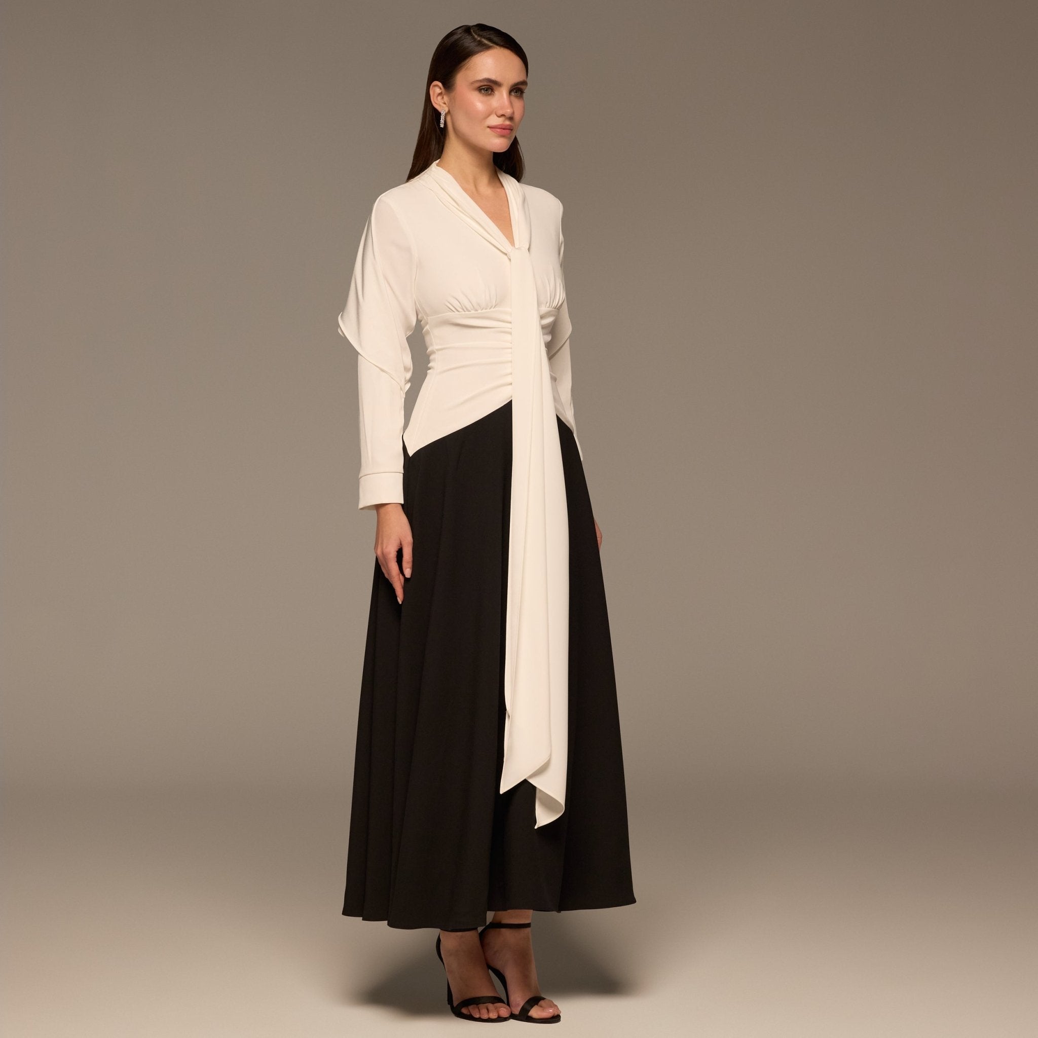 Black & White Draped Crepe Dress with Scarf - shopaleena