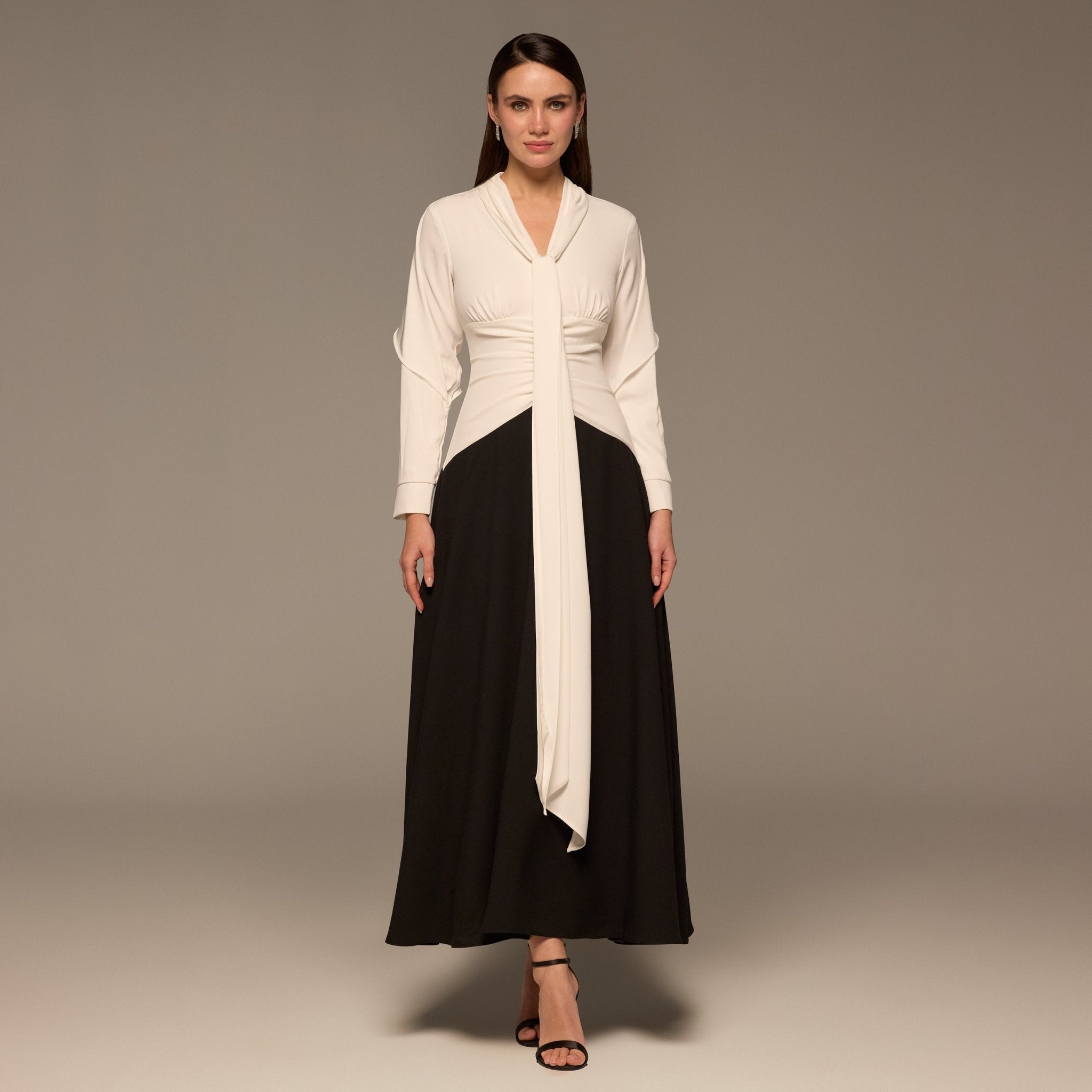 Black & White Draped Crepe Dress with Scarf - shopaleena