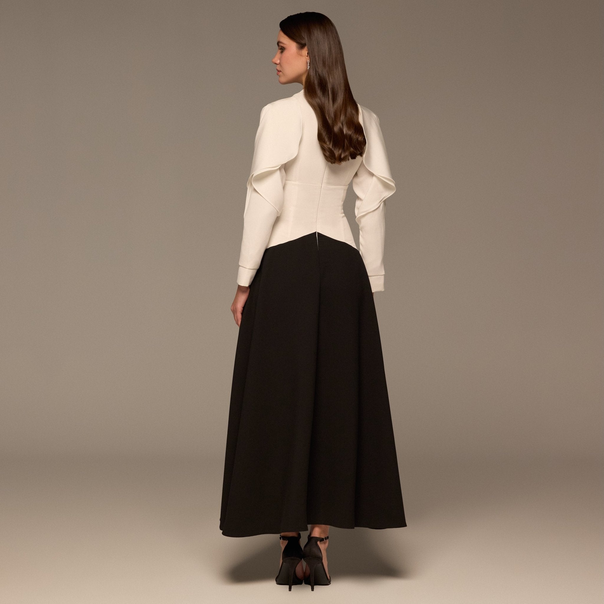 Black & White Draped Crepe Dress with Scarf - shopaleena