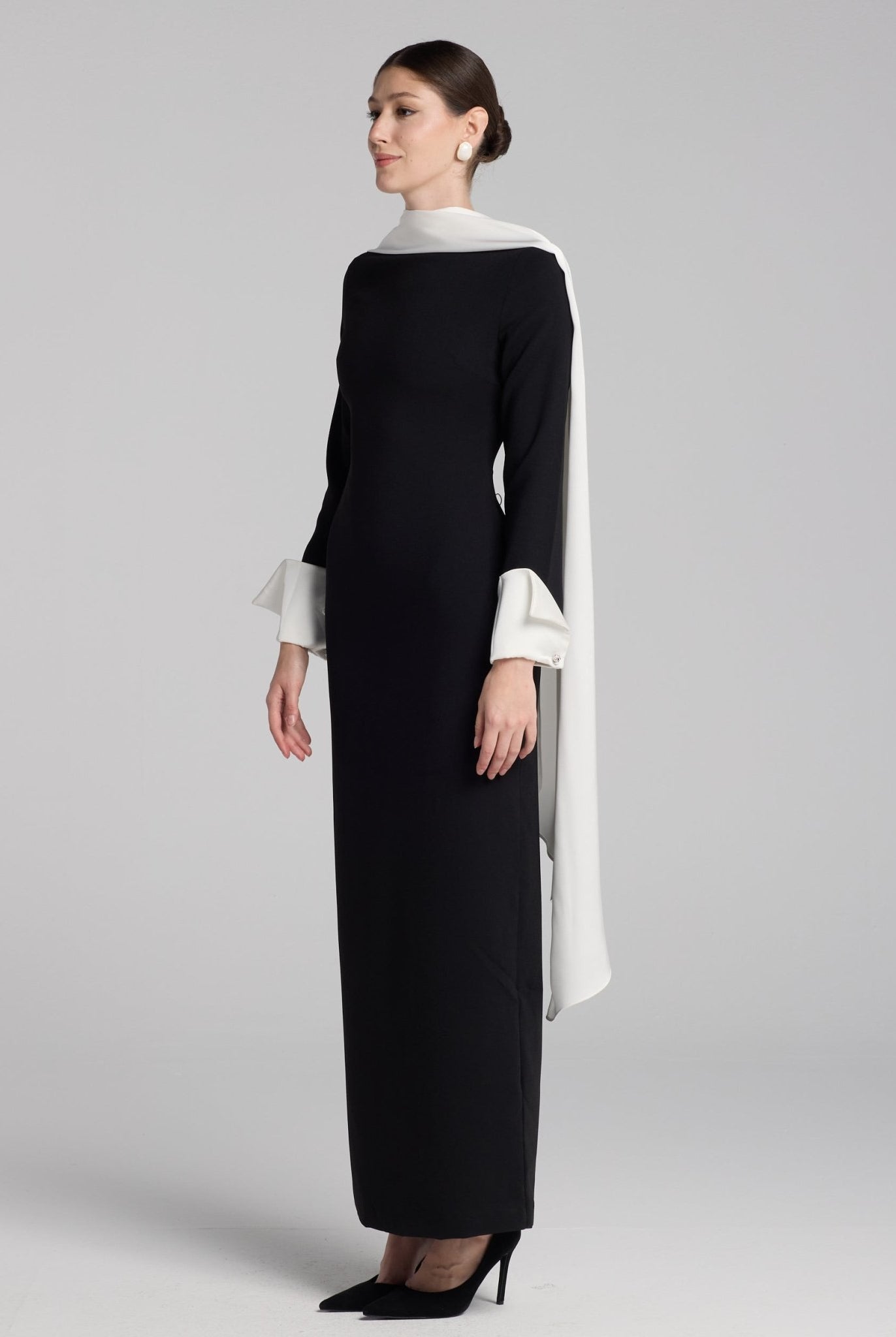 Black & White Draped Crepe Dress - shopaleena