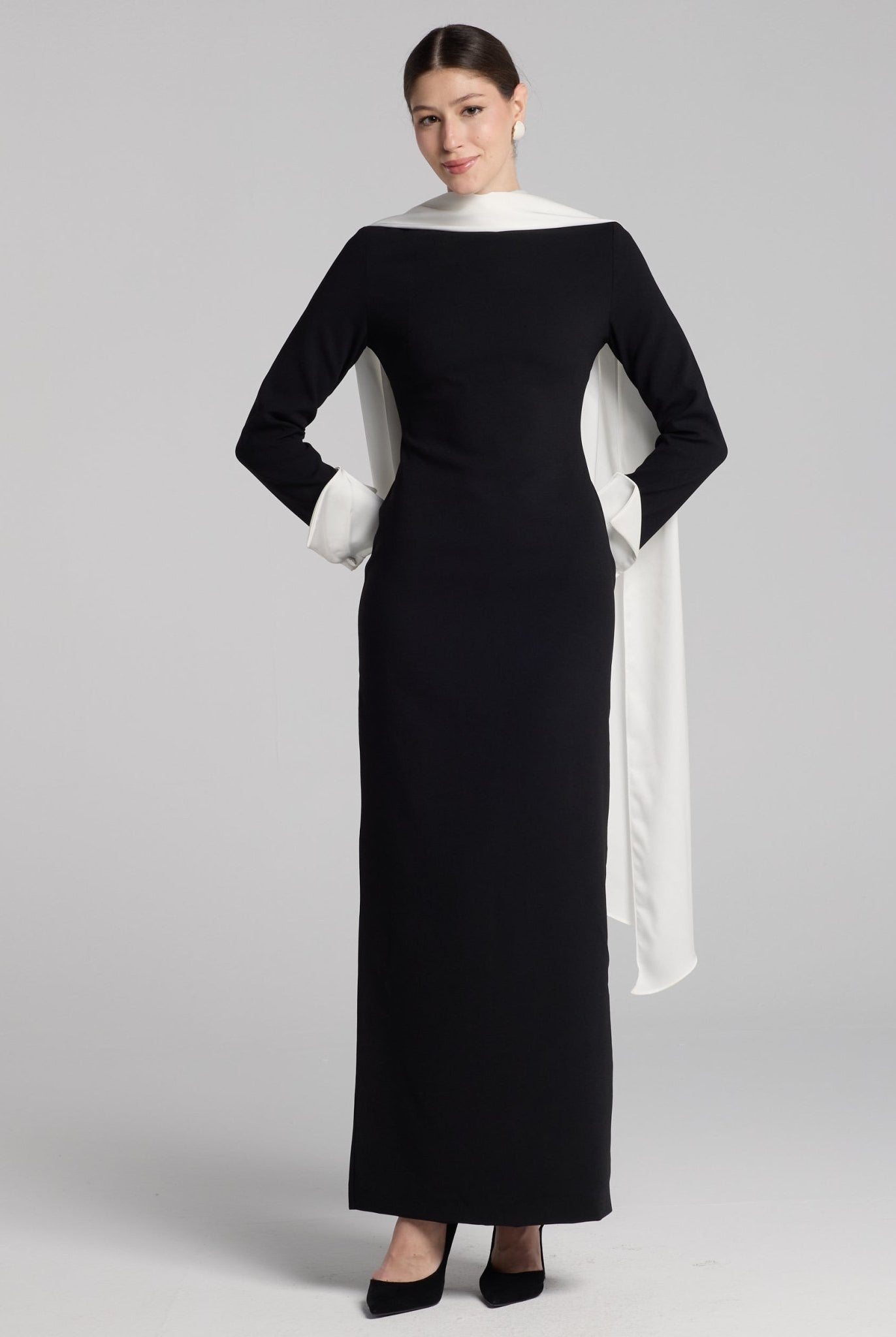 Black & White Draped Crepe Dress - shopaleena