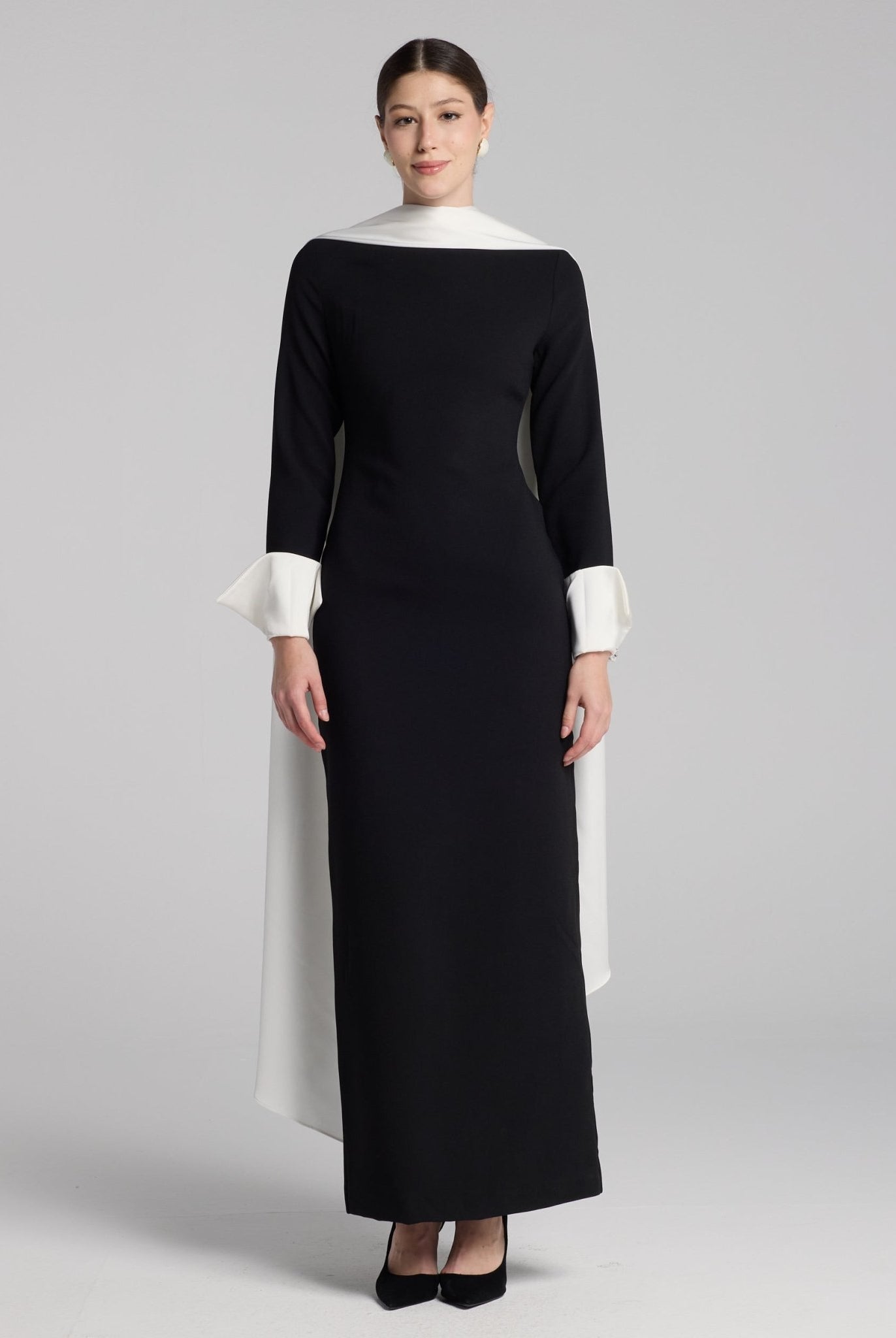 Black & White Draped Crepe Dress - shopaleena