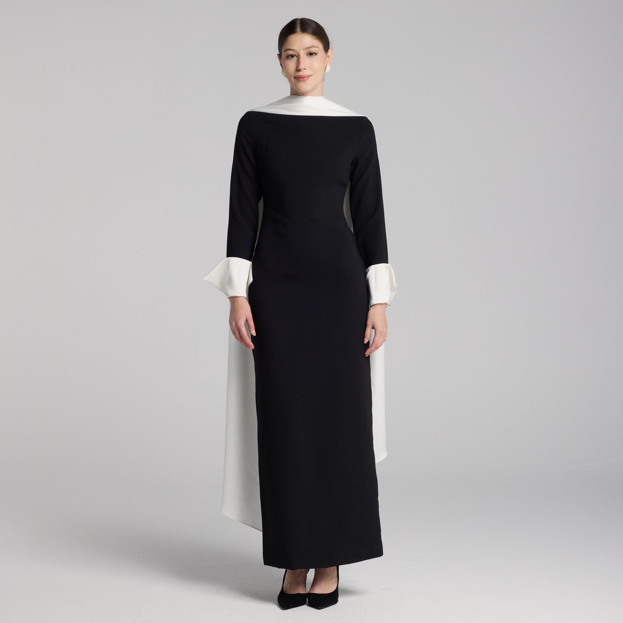 Black & White Draped Crepe Dress - shopaleena