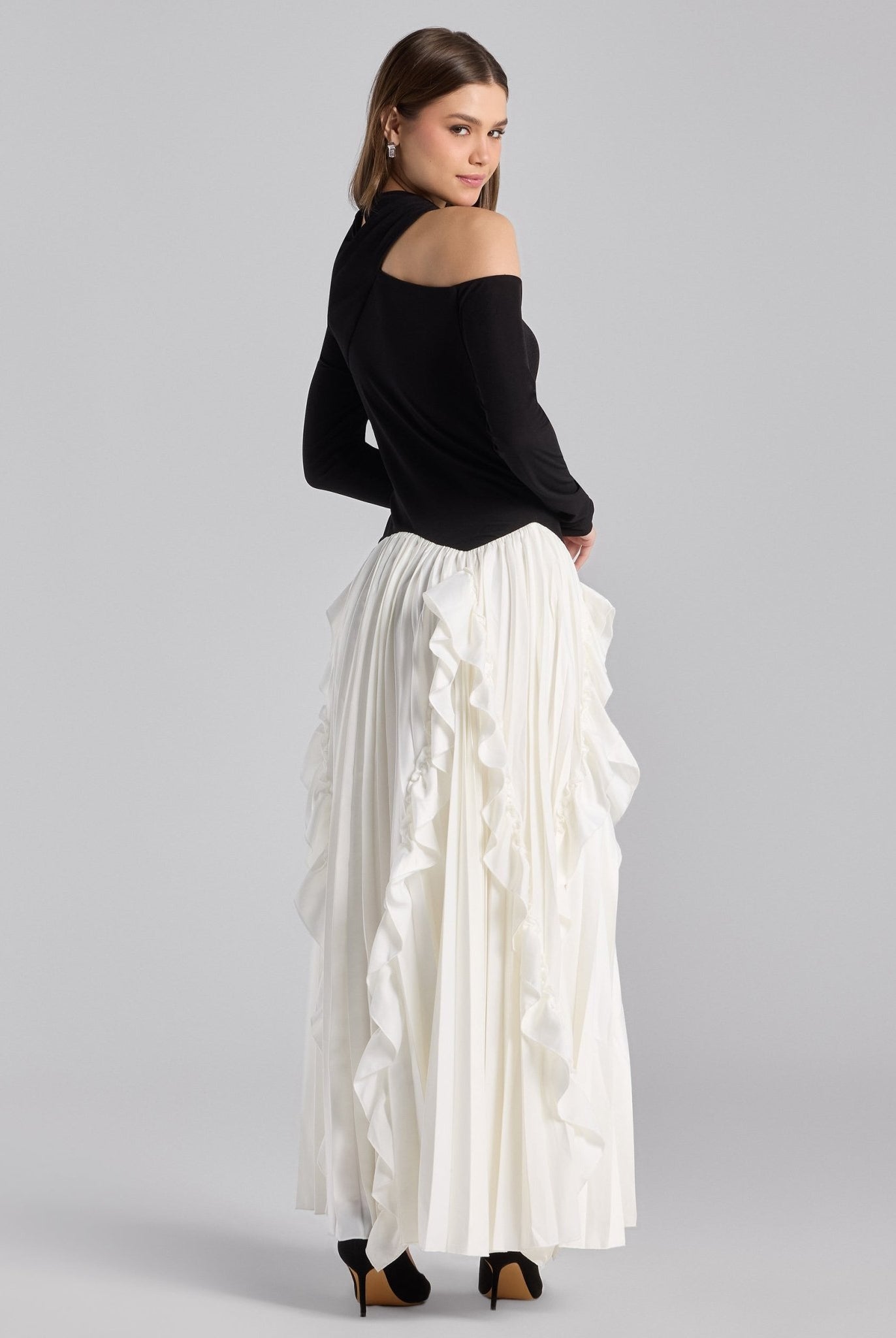 Black & White Draped Jersey & Satin Pleated Maxi Dress - shopaleena