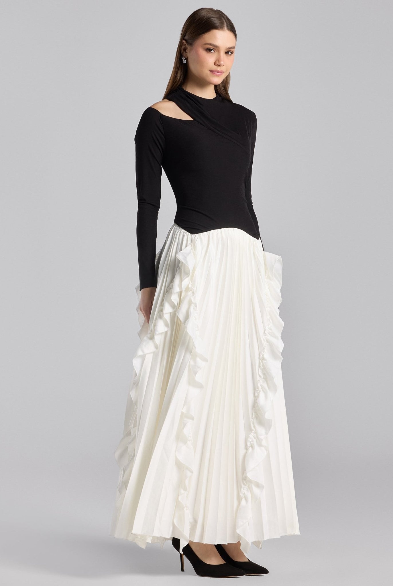 Black & White Draped Jersey & Satin Pleated Maxi Dress - shopaleena