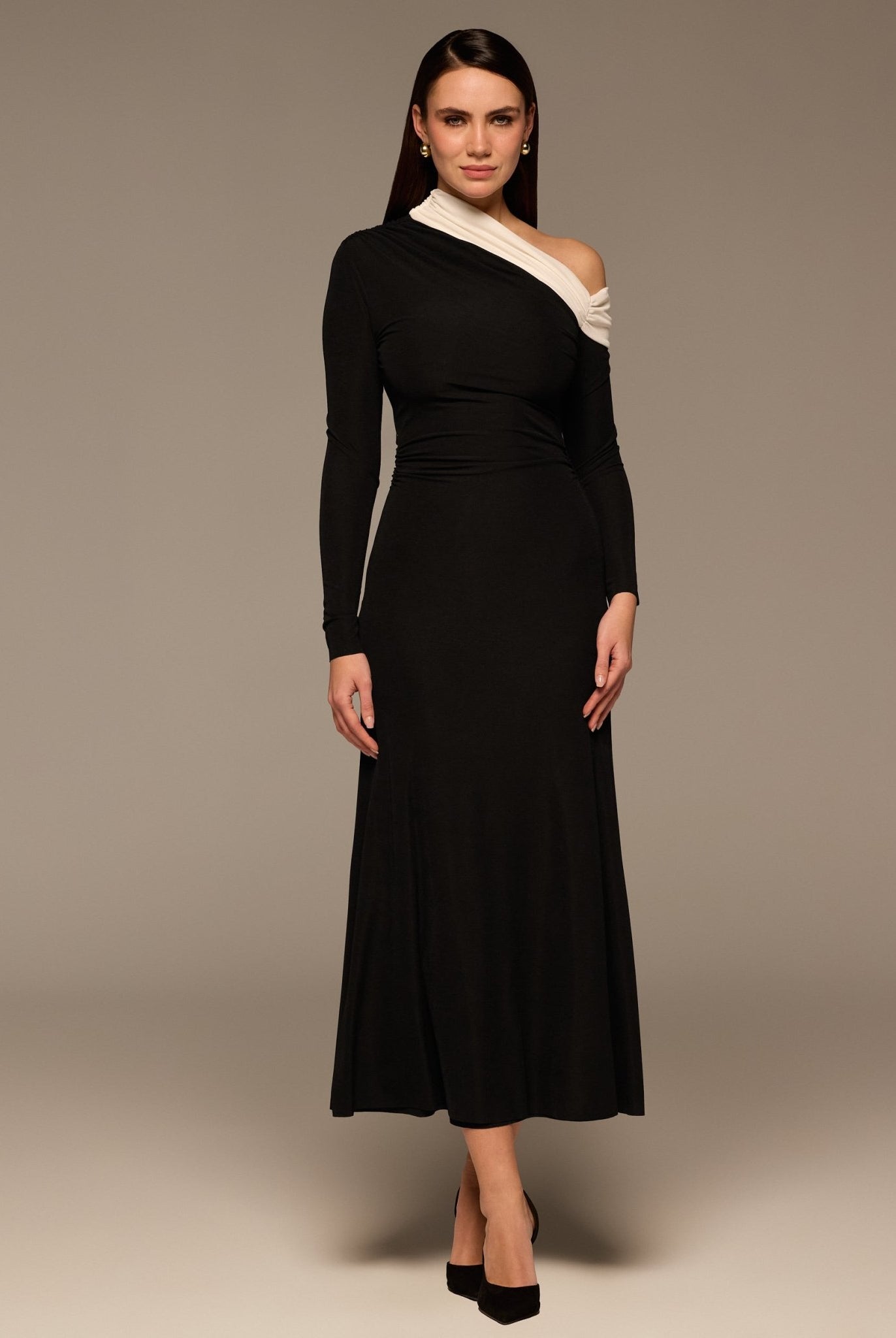 Black & White Off Shoulder Ruched Maxi Dress - shopaleena