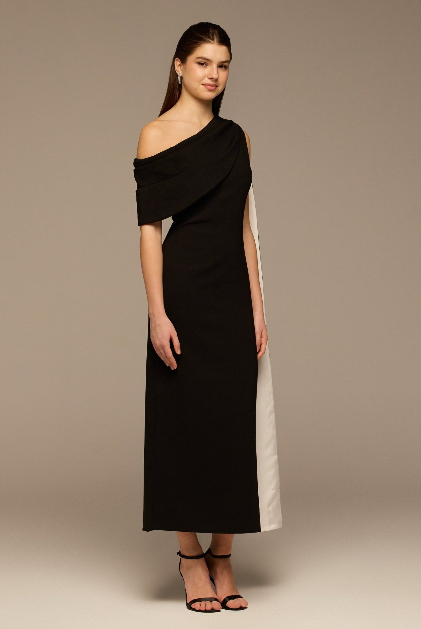 Black & White One - Shoulder Crepe and Satin Dress - shopaleena