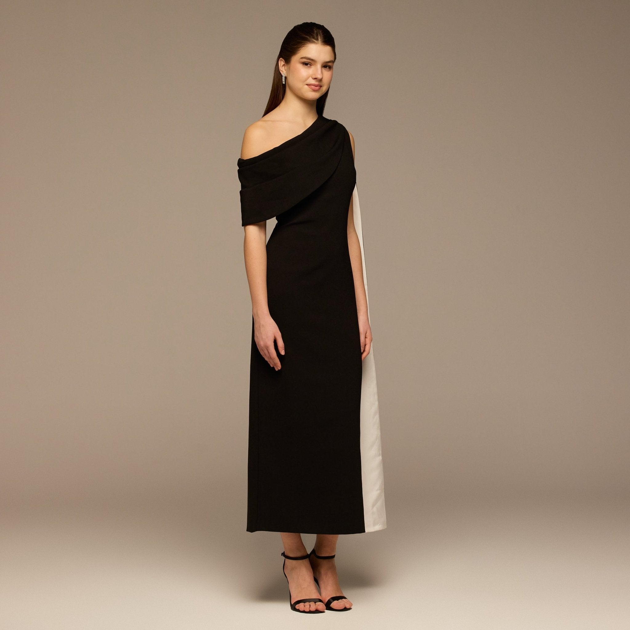 Black & White One - Shoulder Crepe and Satin Dress - shopaleena
