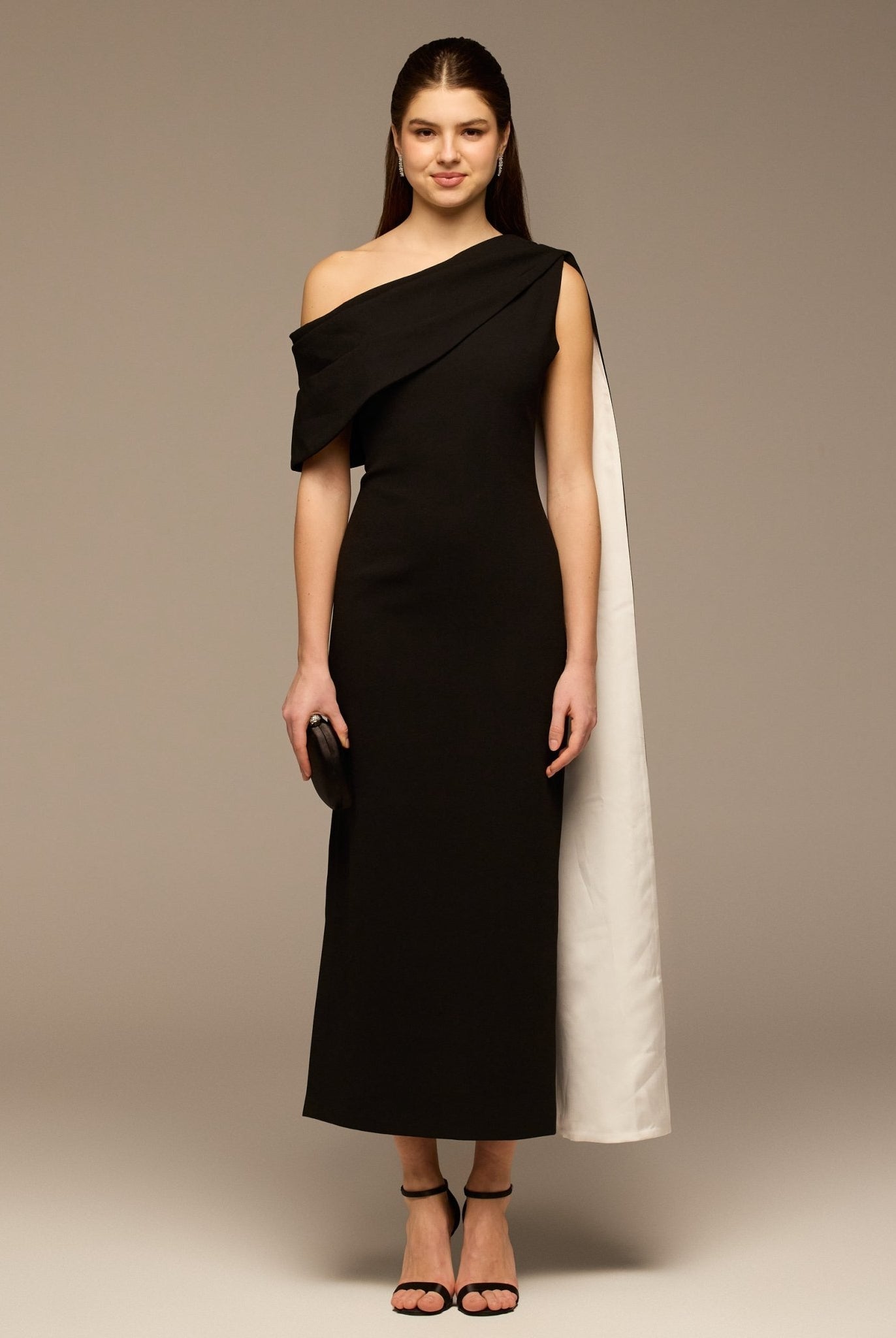 Black & White One - Shoulder Crepe and Satin Dress - shopaleena