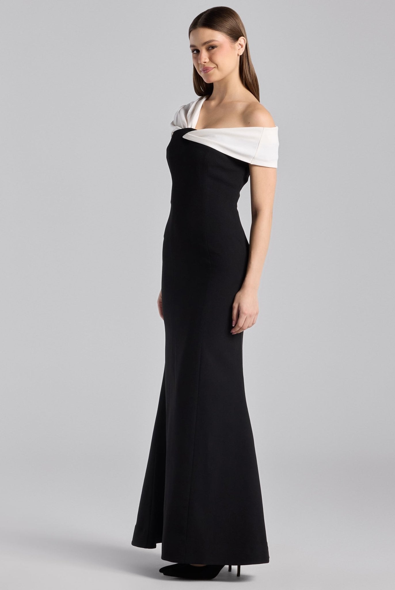 Black & White Two - Tone Off - Shoulder Crepe Maxi Dress - shopaleena