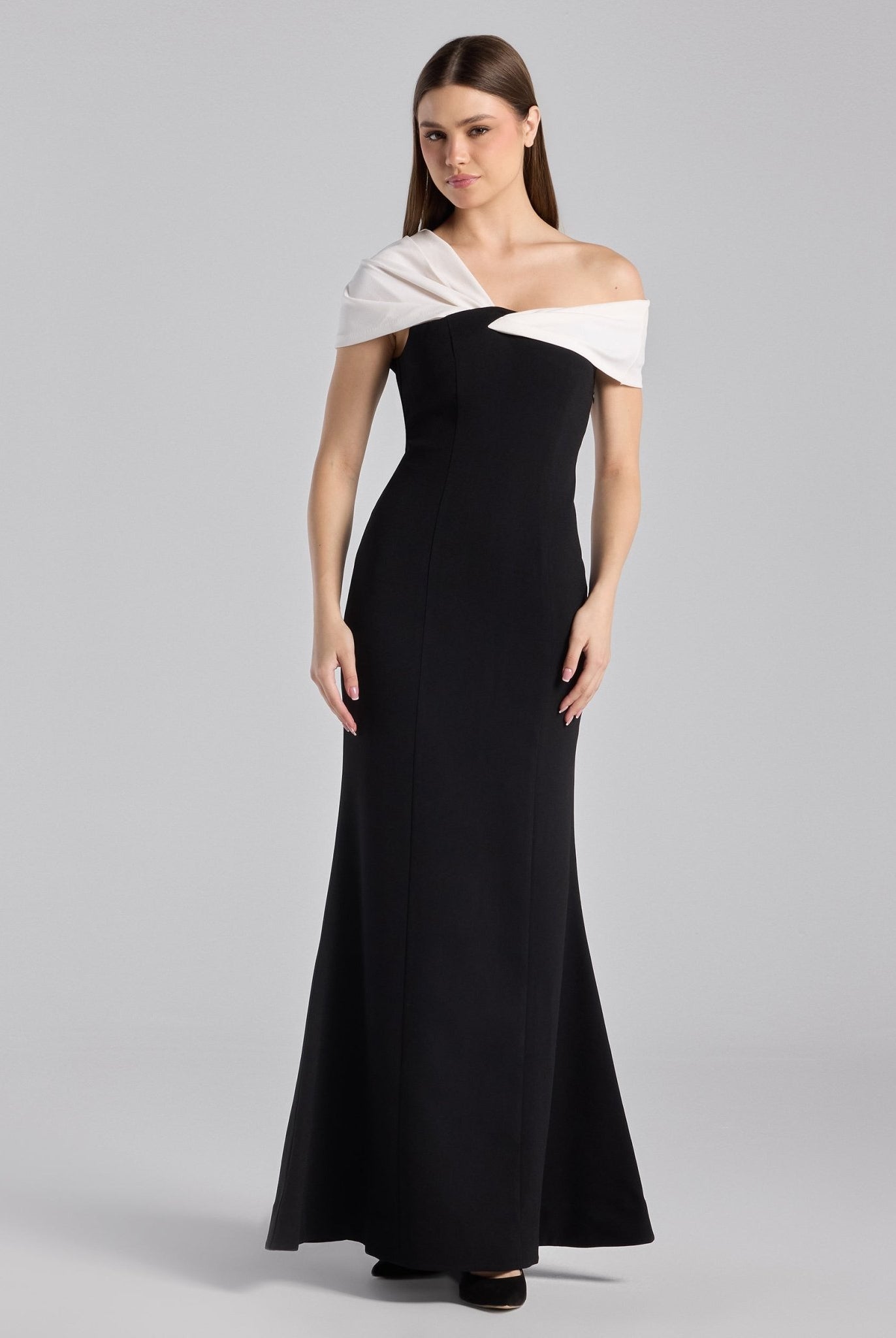 Black & White Two - Tone Off - Shoulder Crepe Maxi Dress - shopaleena