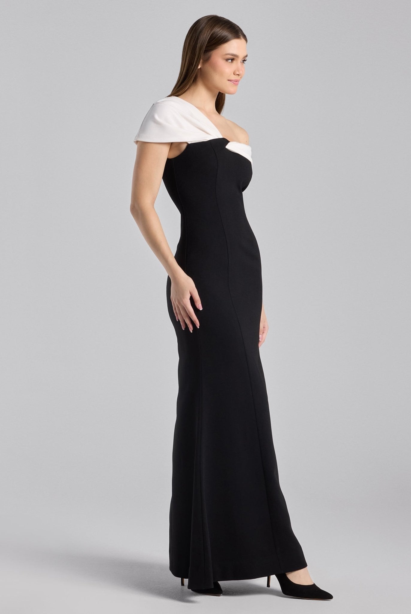 Black & White Two - Tone Off - Shoulder Crepe Maxi Dress - shopaleena