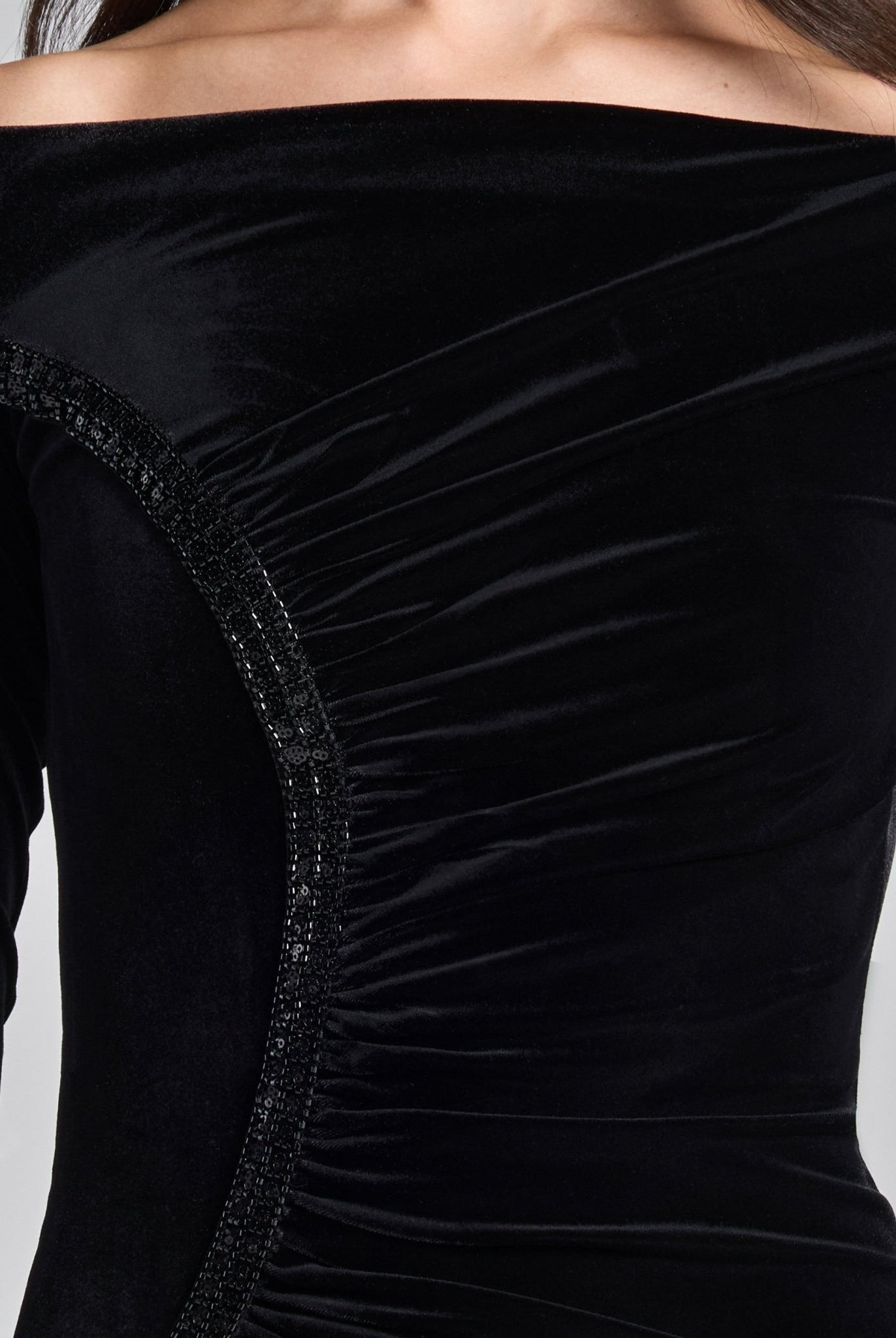 Black & White Velvet Draped Crystal Trim Maxi Dress - shopaleena