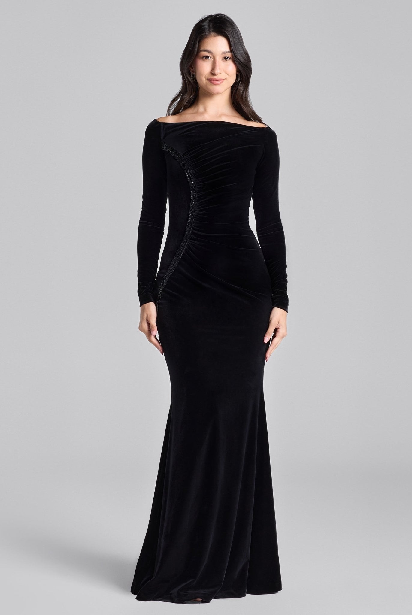 Black & White Velvet Draped Crystal Trim Maxi Dress - shopaleena