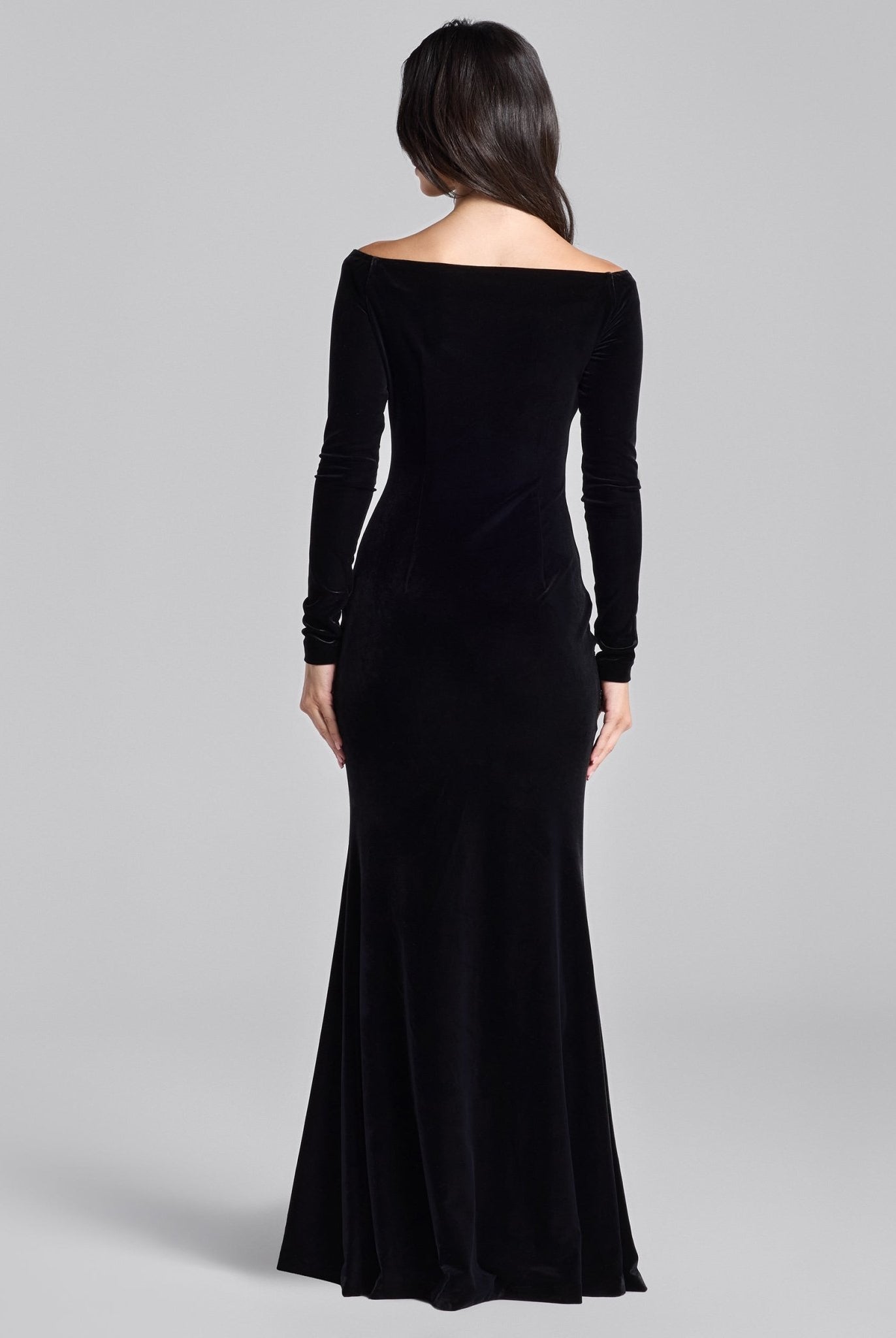 Black & White Velvet Draped Crystal Trim Maxi Dress - shopaleena