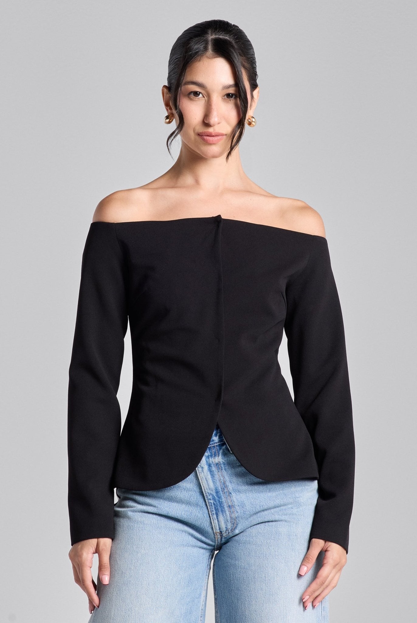 Black Wide V Neck Crepe Blazer - shopaleena