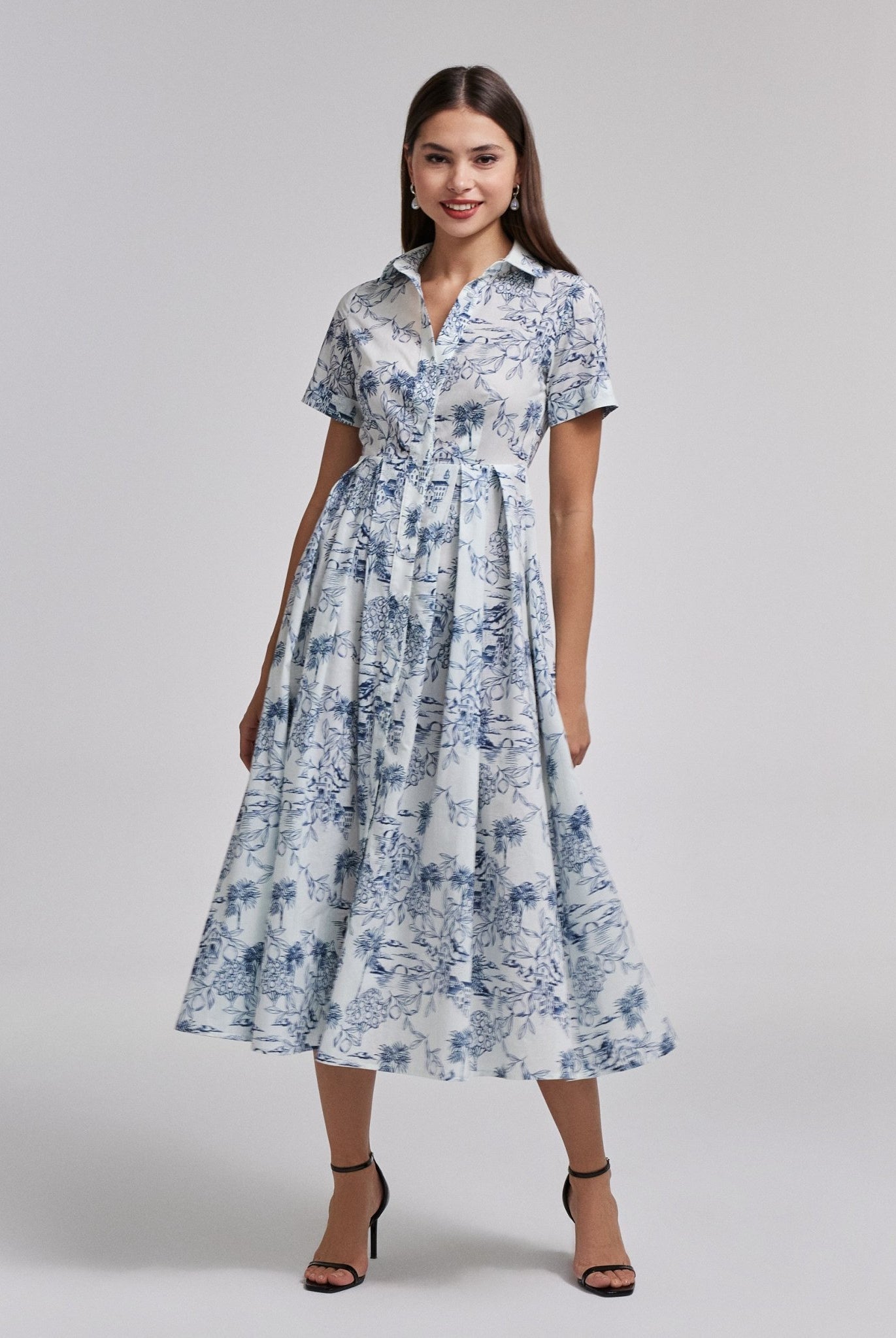 Blue and White Printed Cotton Midi Dress - shopaleena