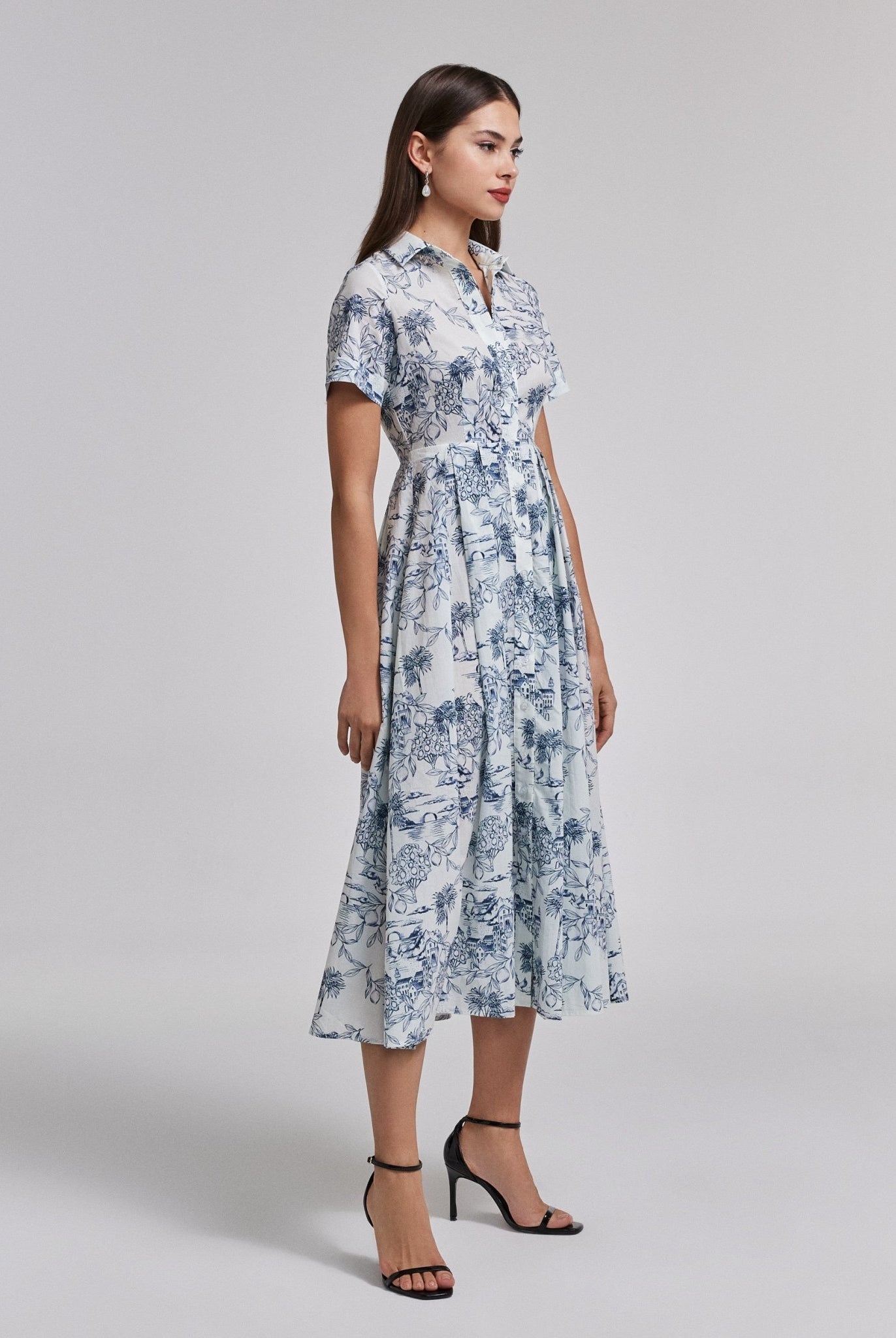 Blue and White Printed Cotton Midi Dress - shopaleena